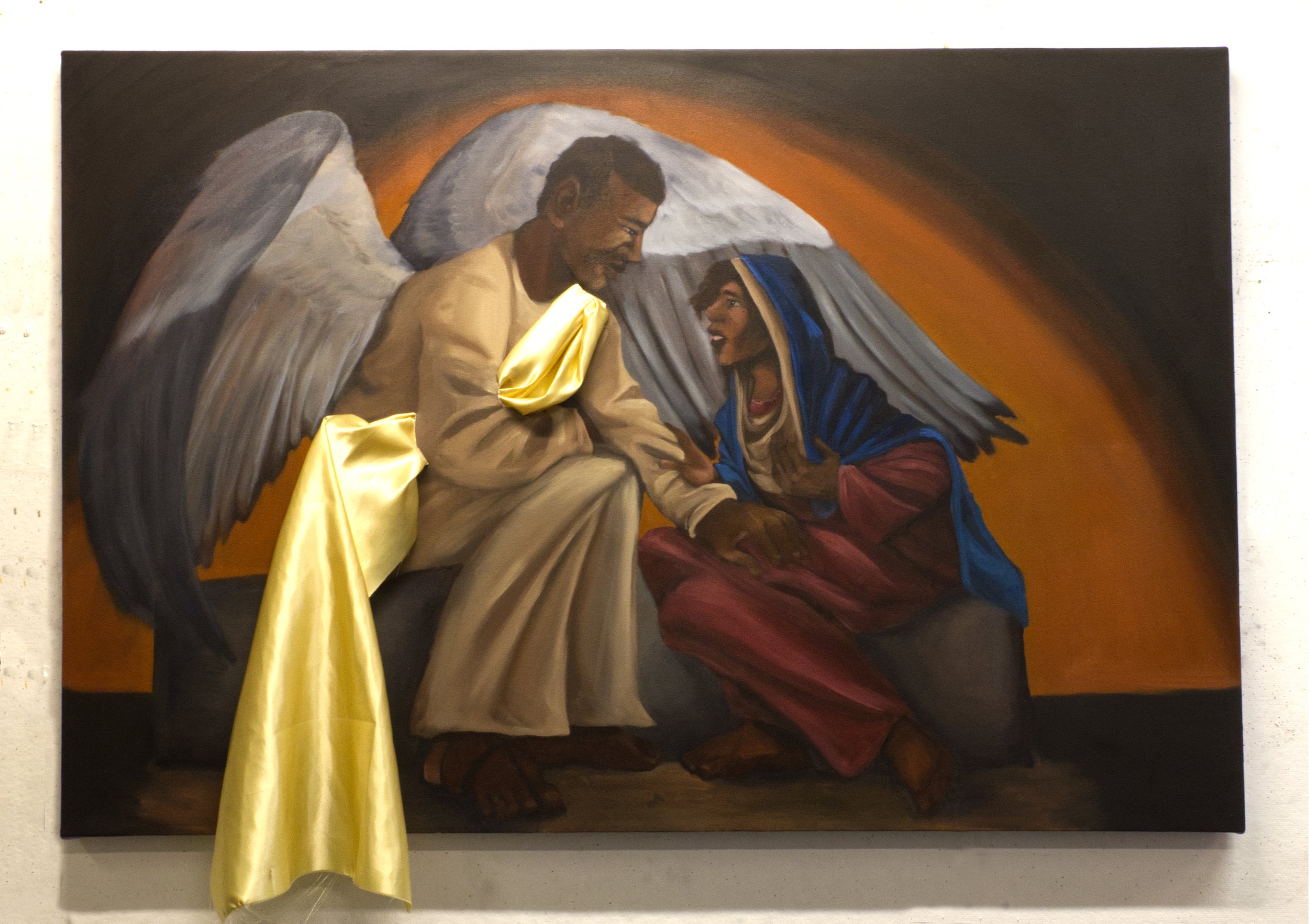 The Annunciation, 2026, oil on canvas, fabric. 60 x 45 in.