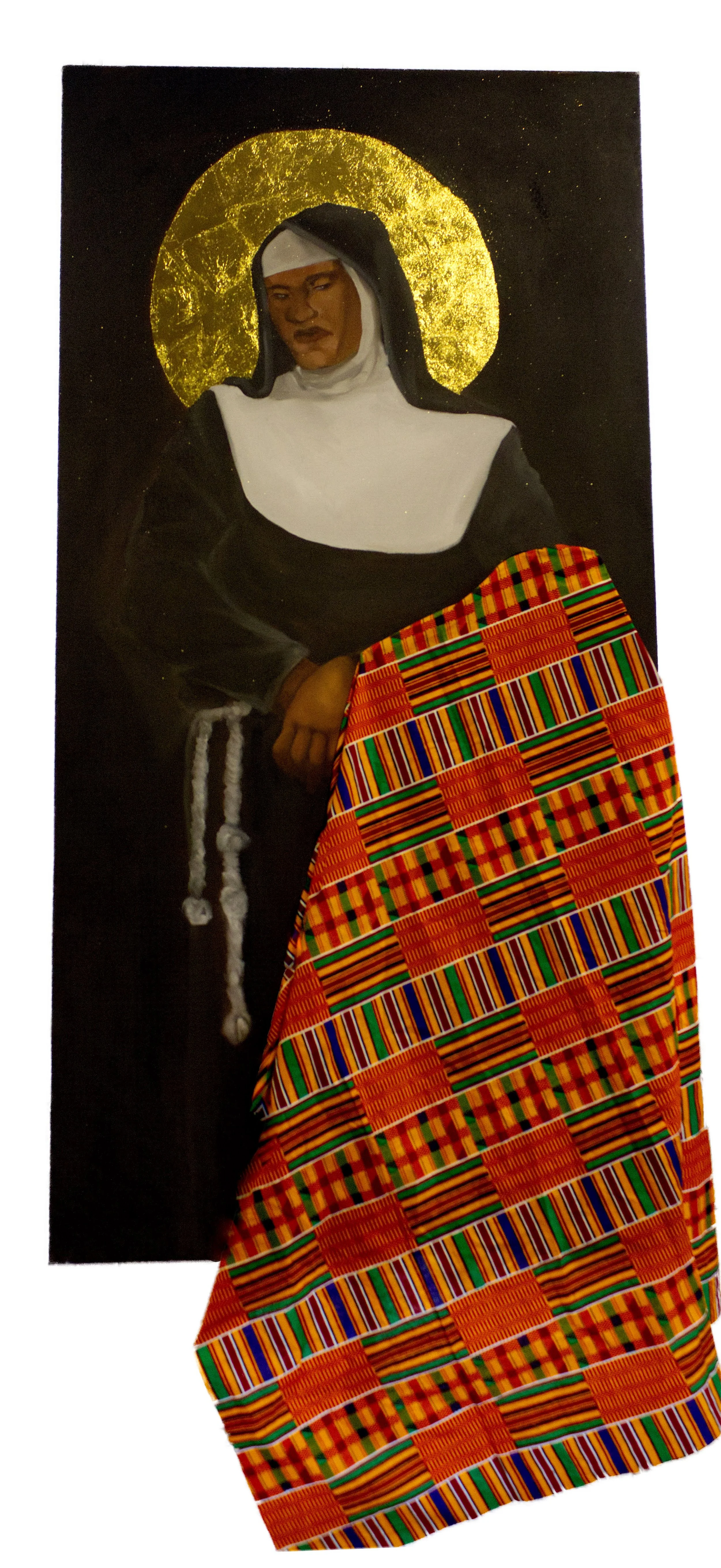 Saint Catherine of Bologna, 2026, Oil on Canvas, kente cloth. 40 x 65 in.