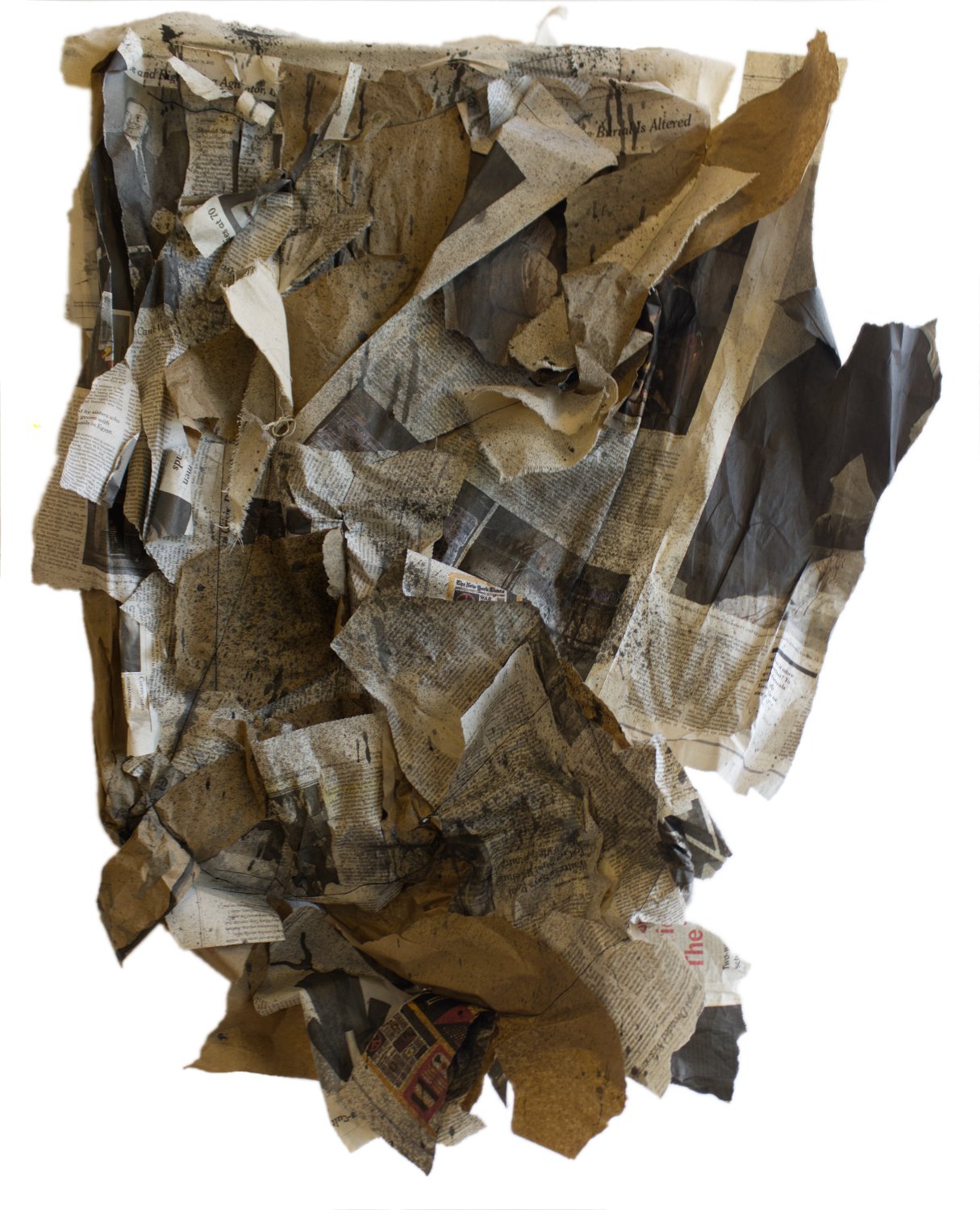 The Threads that Bind Us 1, 2026, newspaper, paper, acrylic paint, canvas. 20 x 30 in.