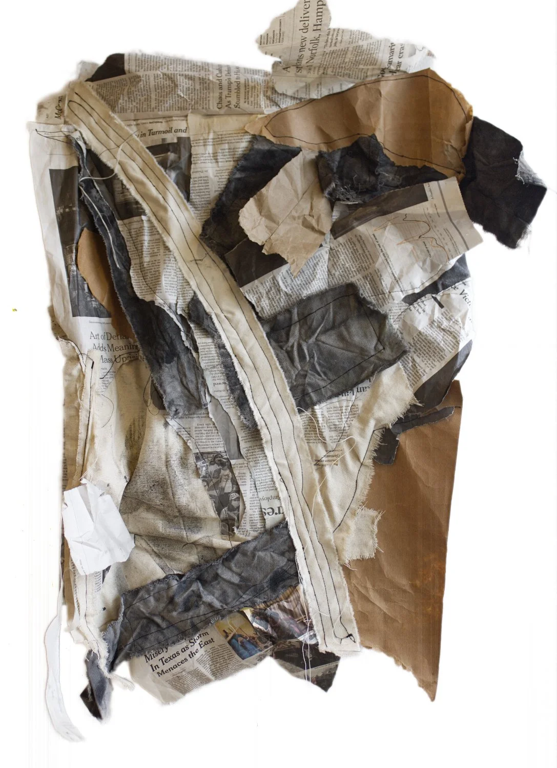 The Threads that Bind Us 2, 2026, newspaper, paper, acrylic paint, canvas. 20 x 30 in.