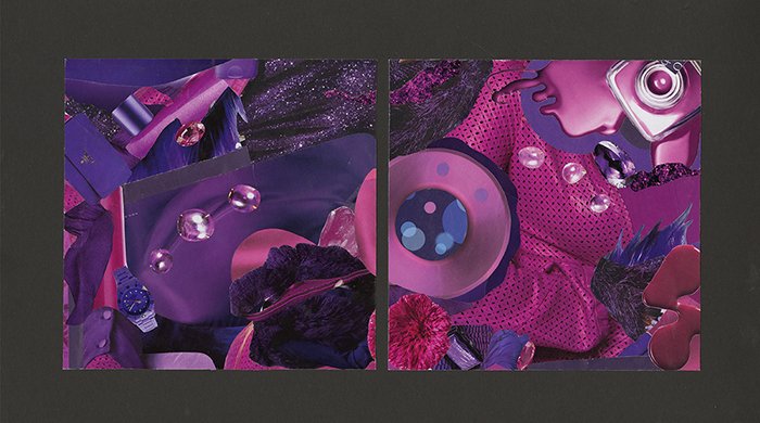 Violet Dreams. Warm/Cool Diptych, magazine collage, 8” x 16”, 2022.