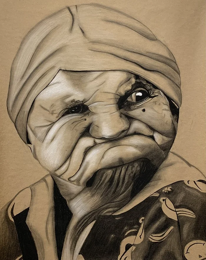 Stranger. Charcoal, 28” x 17”, 2022. Exhibited in Sacred Heart University student exhibit. Awarded 2nd place in illustration category.