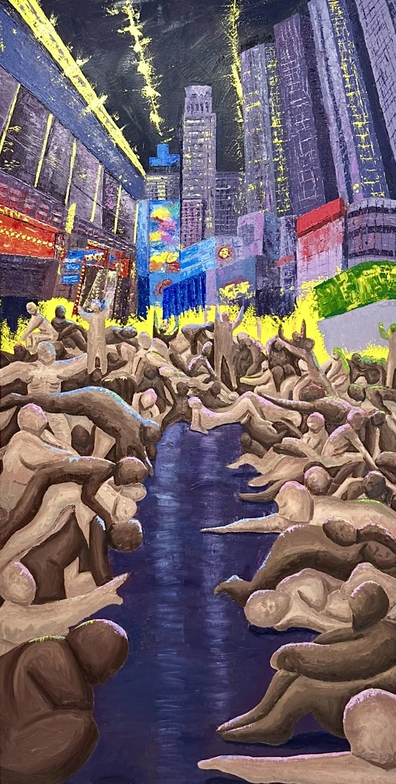 Just Pretend You Don't See Them. Oil on canvas, 3' x 6', 2025. Awarded Honorable Mention in Sacred Heart University student exhibit. The piece is inspired by the striking amounts of homelessness in major cities. Mass amounts of unidentifiable people