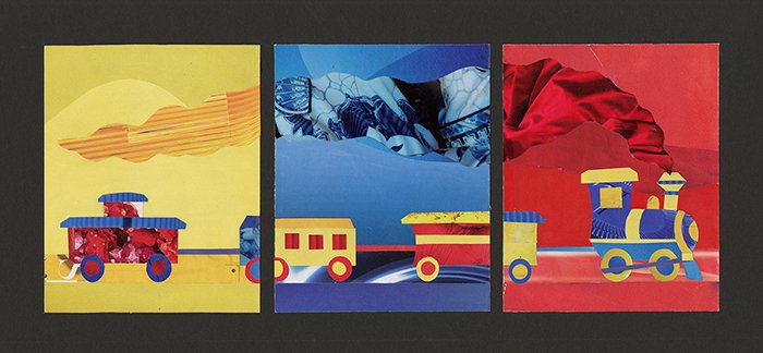 Traveling. Primary triptych, magazine collage, 9” x 16”, 2022. Exhibited in Sacred Heart University’s annual student exhibition.