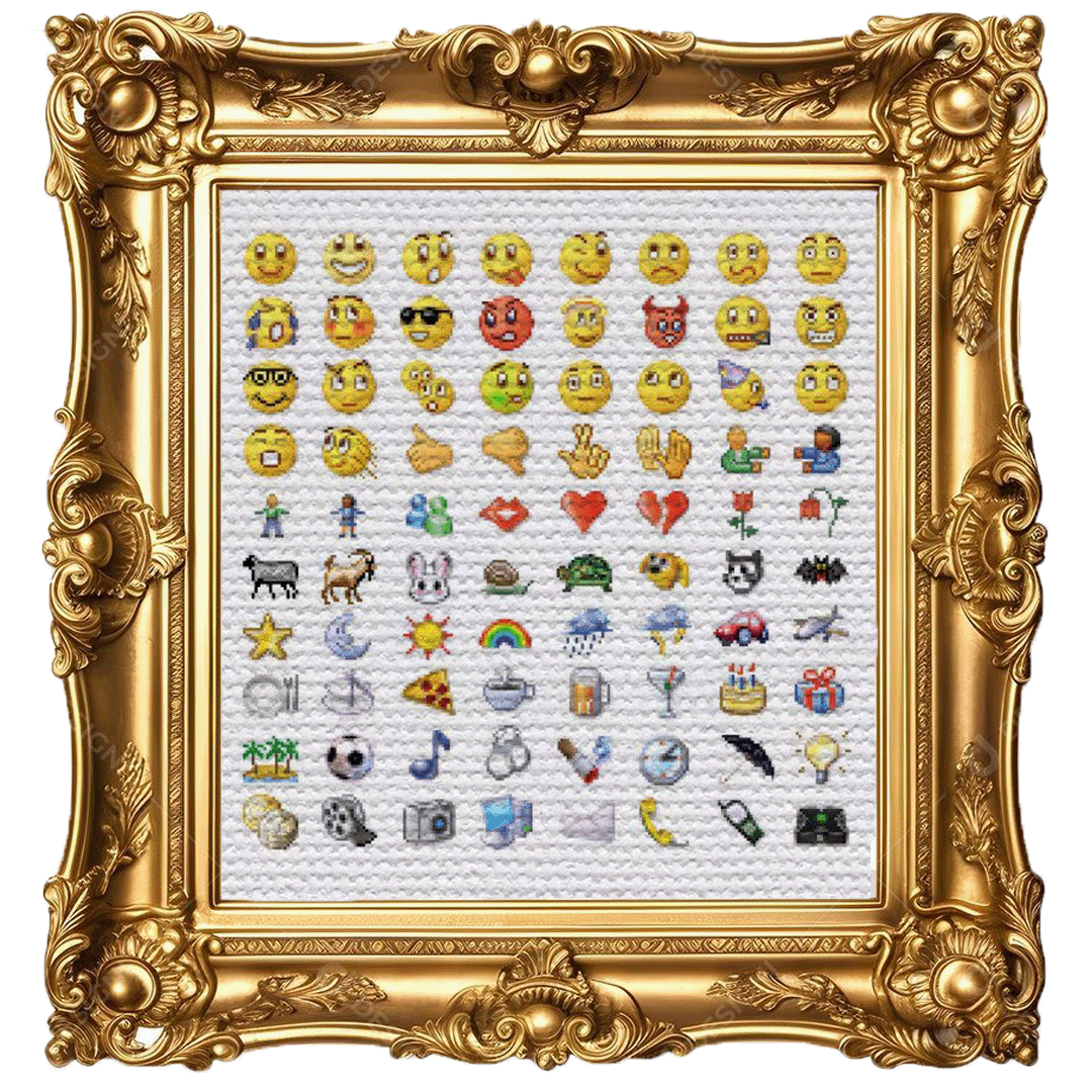 an ornate gold frame with a canvas featuring rows of emoticons or emojis from msn messenger