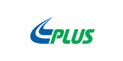 Logo with a stylized blue swoosh and green text reading 'PLUS'