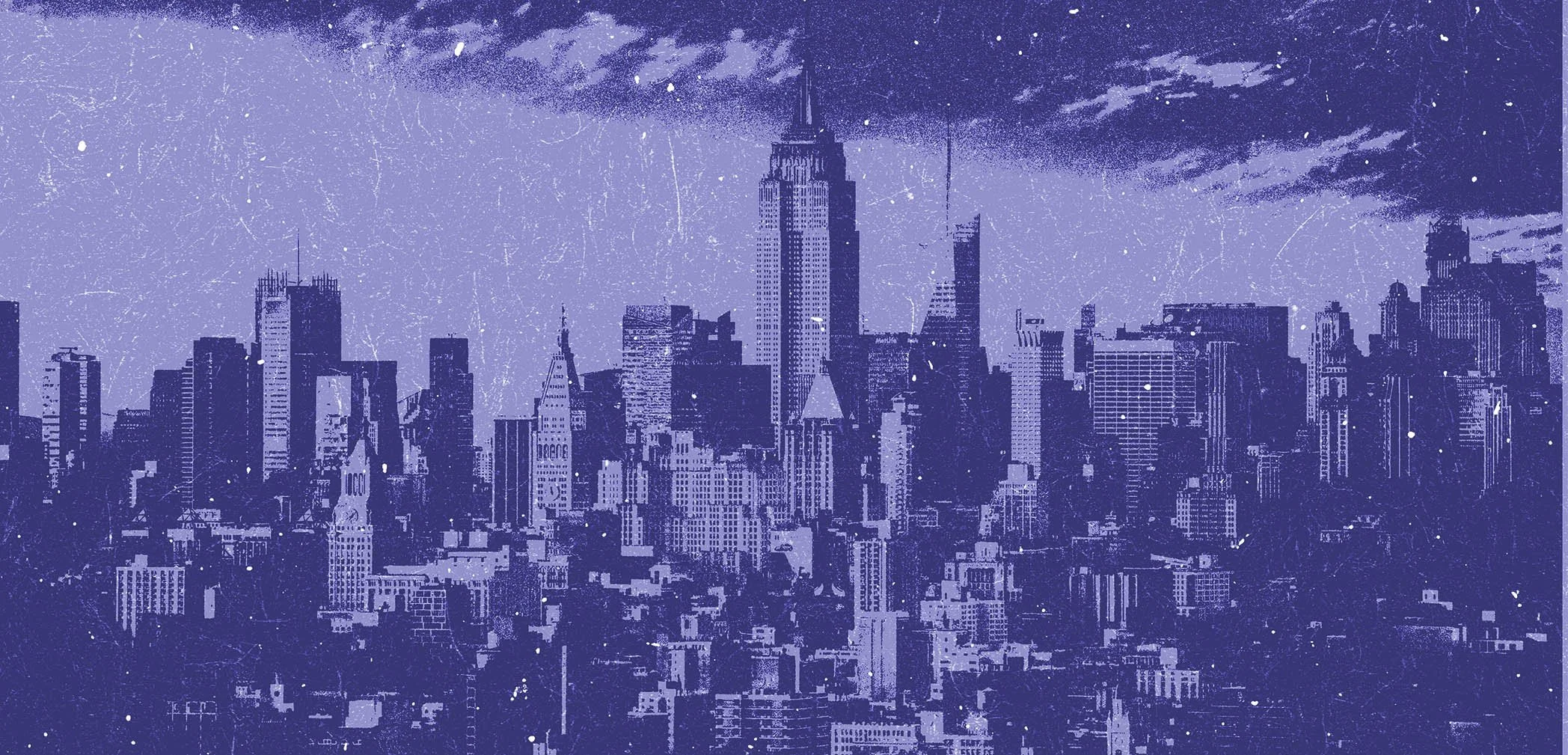 Digital art of a city skyline at night with dark clouds and stars, stylized in shades of purple and blue.