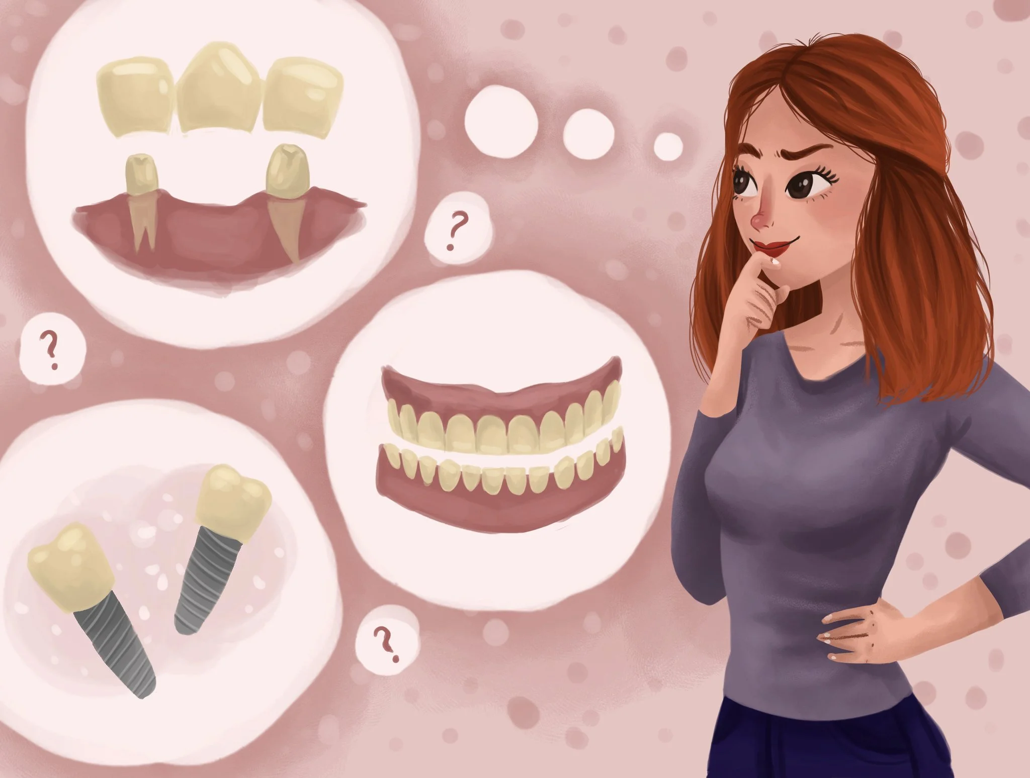 woman considering tooth replacement options, bridges, dentures, dental implants