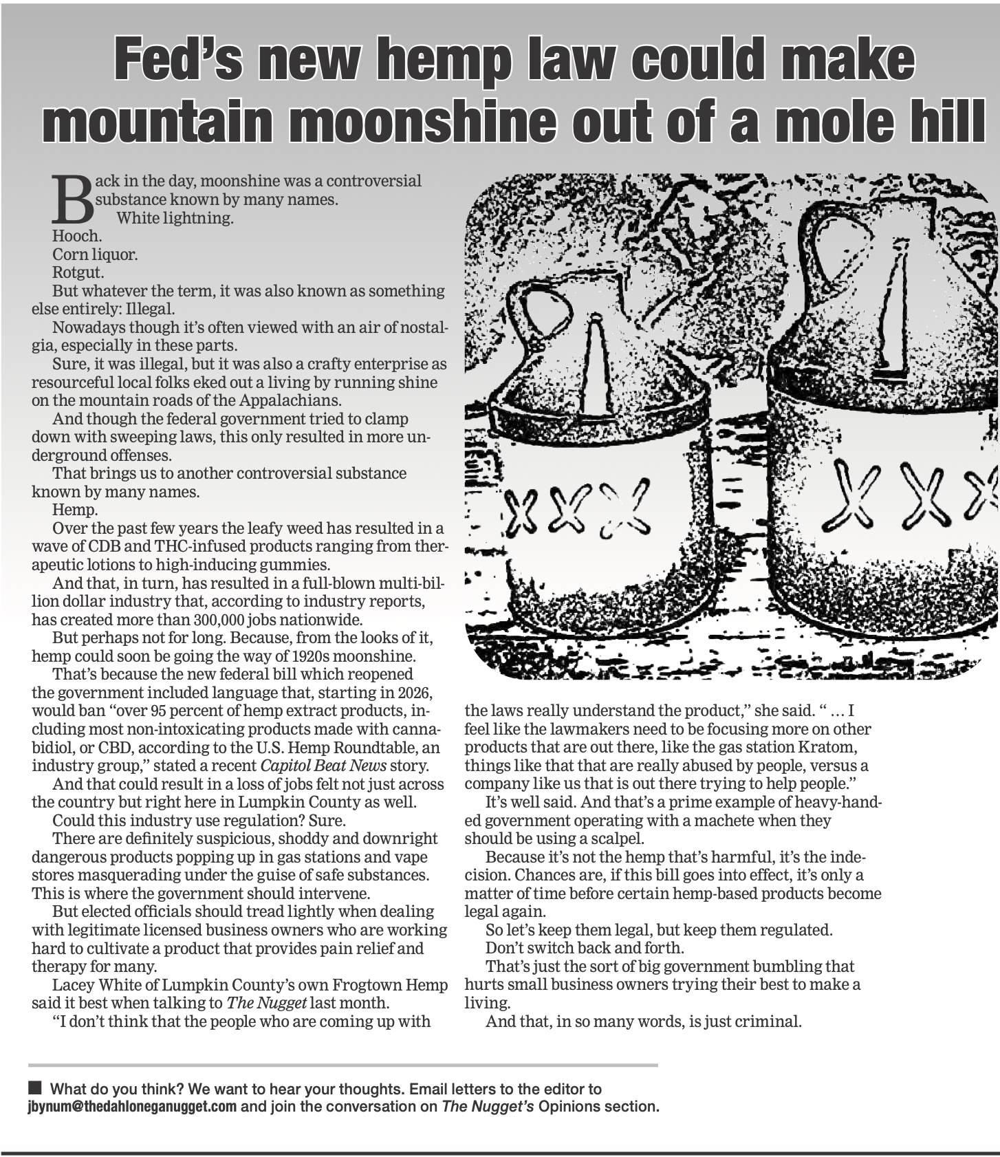 Fed’s new hemp law could make mountain moonshine out of a mole hill - from the Dahlonega Nugget 12/10/25