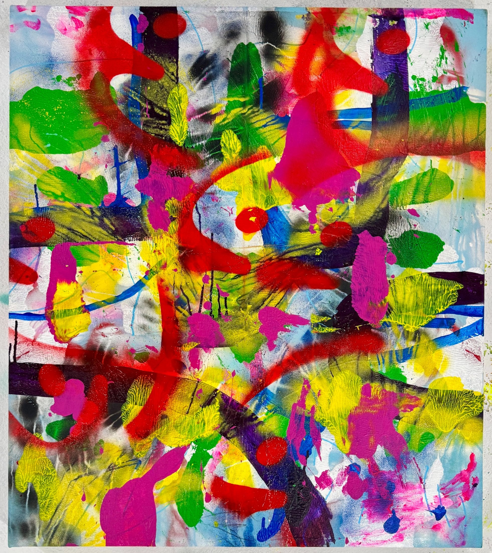 “Fish Head Soup.” 2025. Acrylic, spray paint, crayon, and graphite on canvas. 34” X 30”.