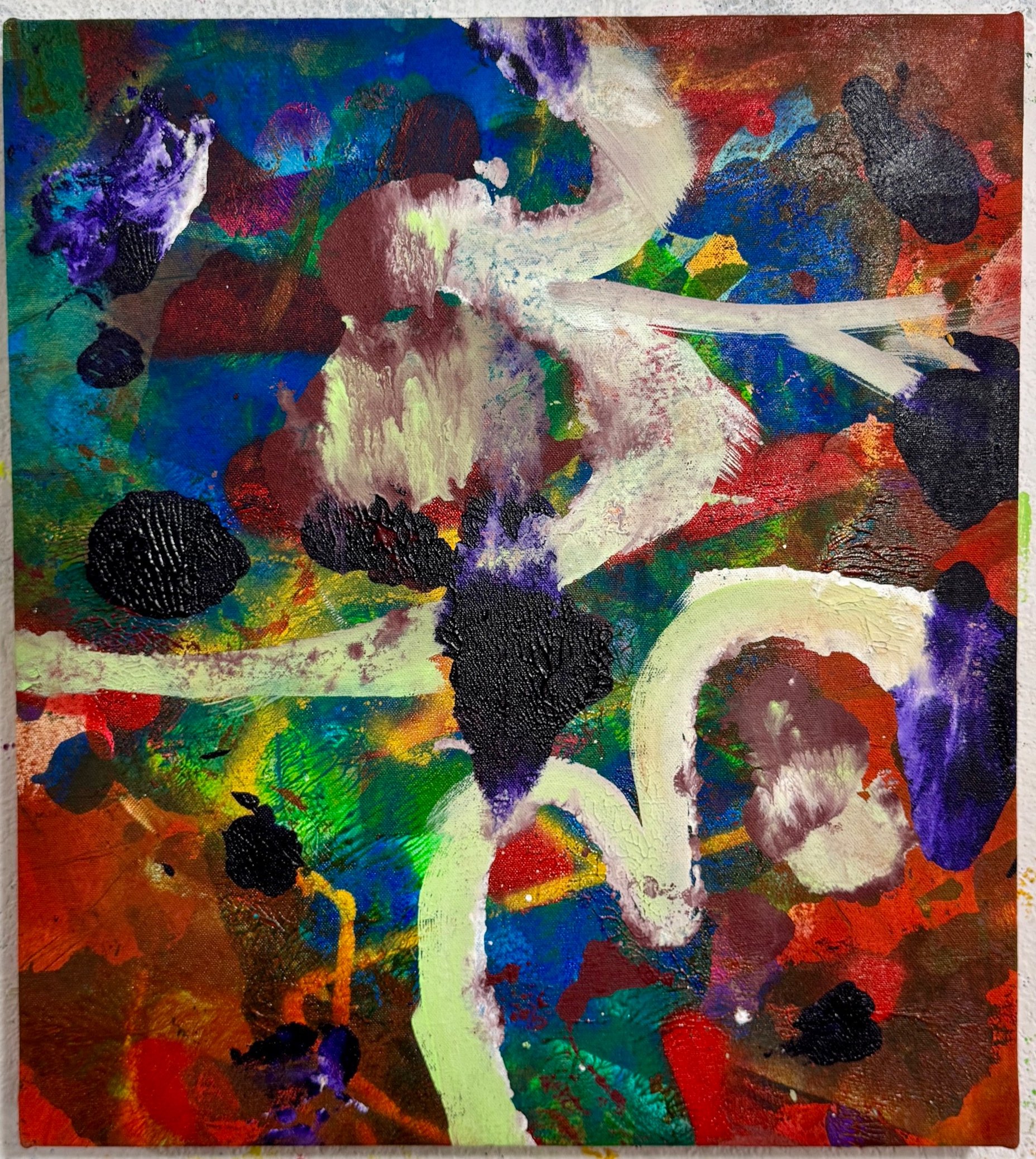 "Bedeviled." 2025. Acrylic, spray paint, crayon, paint pen and graphite on canvas. 19" x 17".
