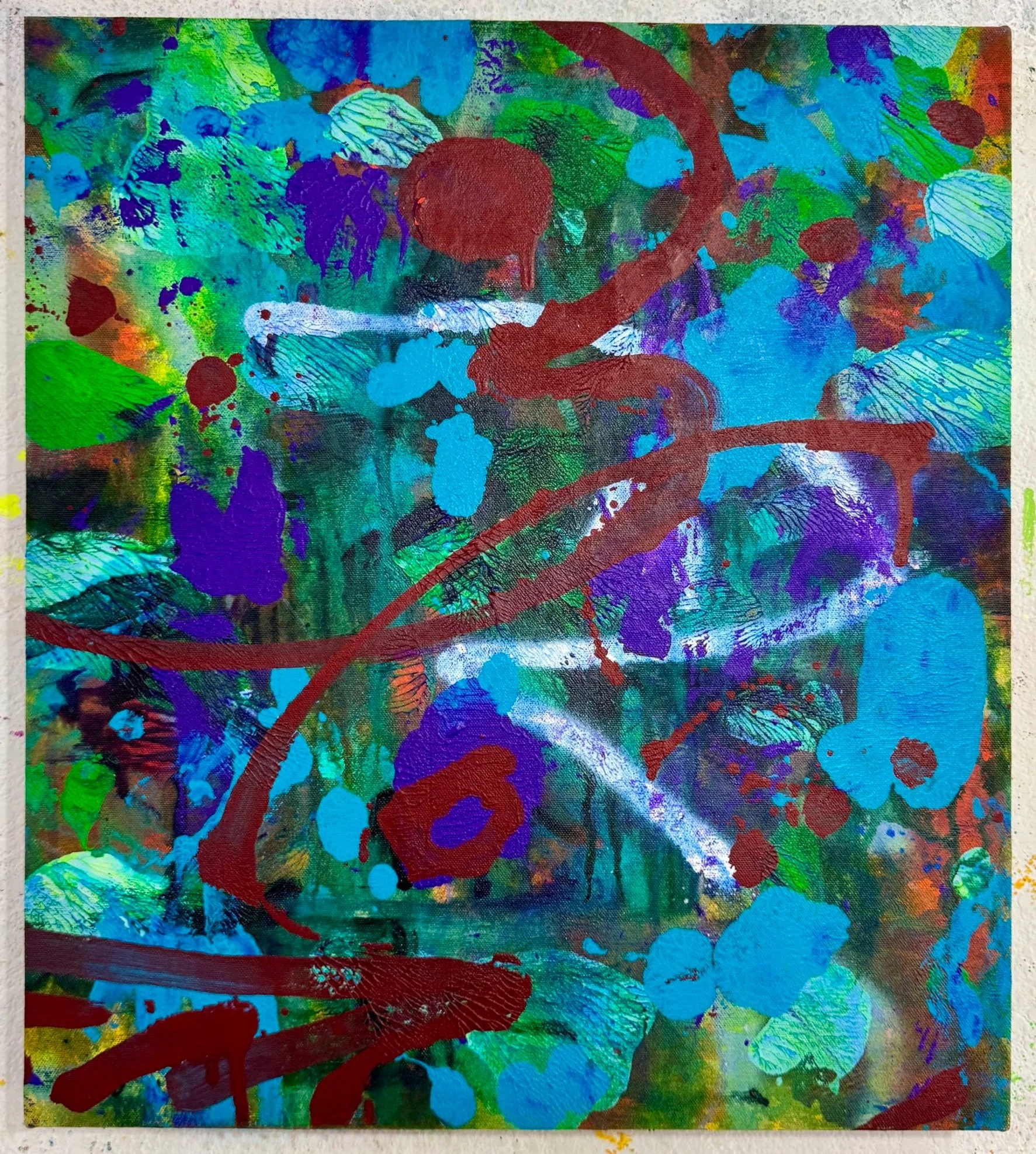 "Spit Hot Fire.' 2025. Acrylic, spray paint, paint pen, crayon and graphite on canvas. 19" X 17".