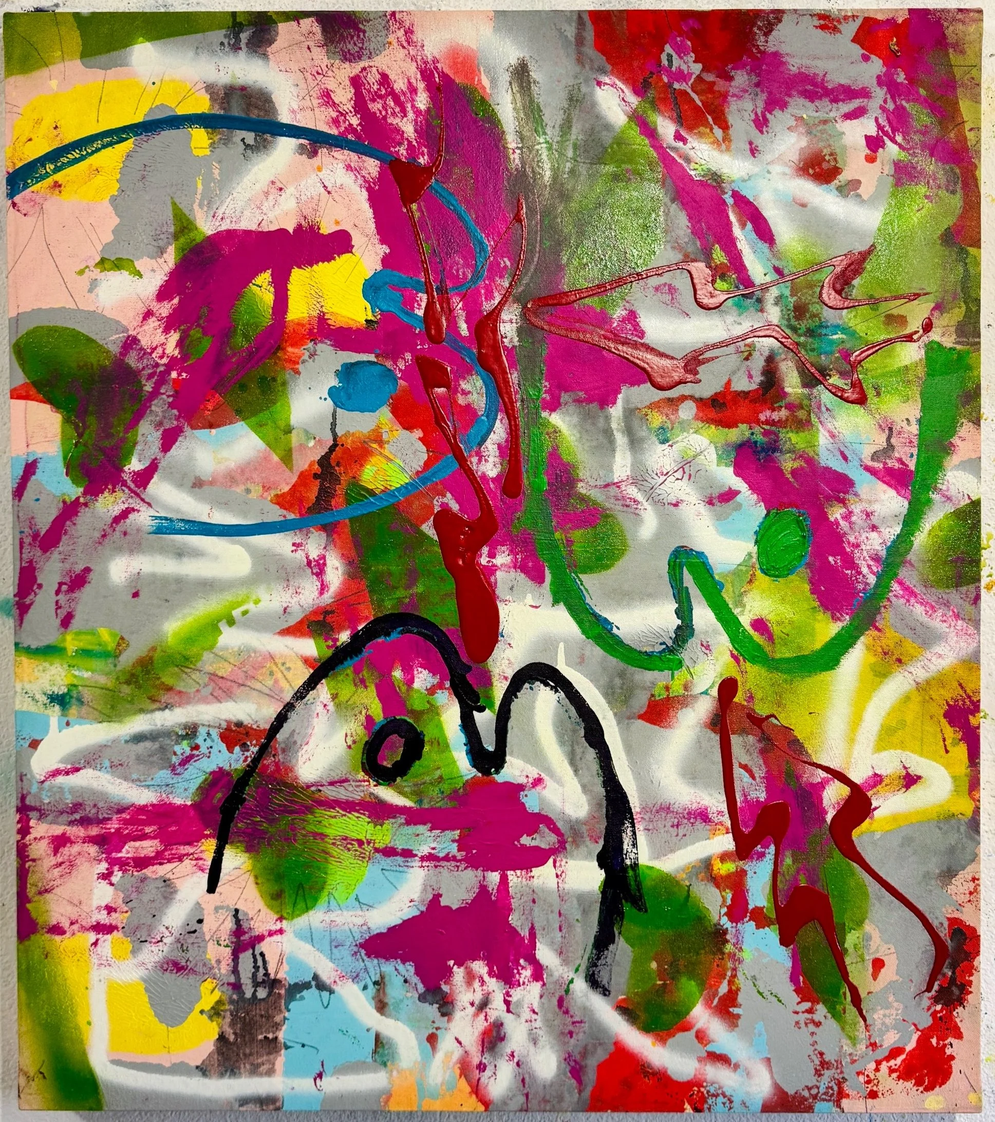 "Bloodbath." 2025. Acrylic, spray paint, paint pen, crayon and graphite on canvas. 34" X 30".