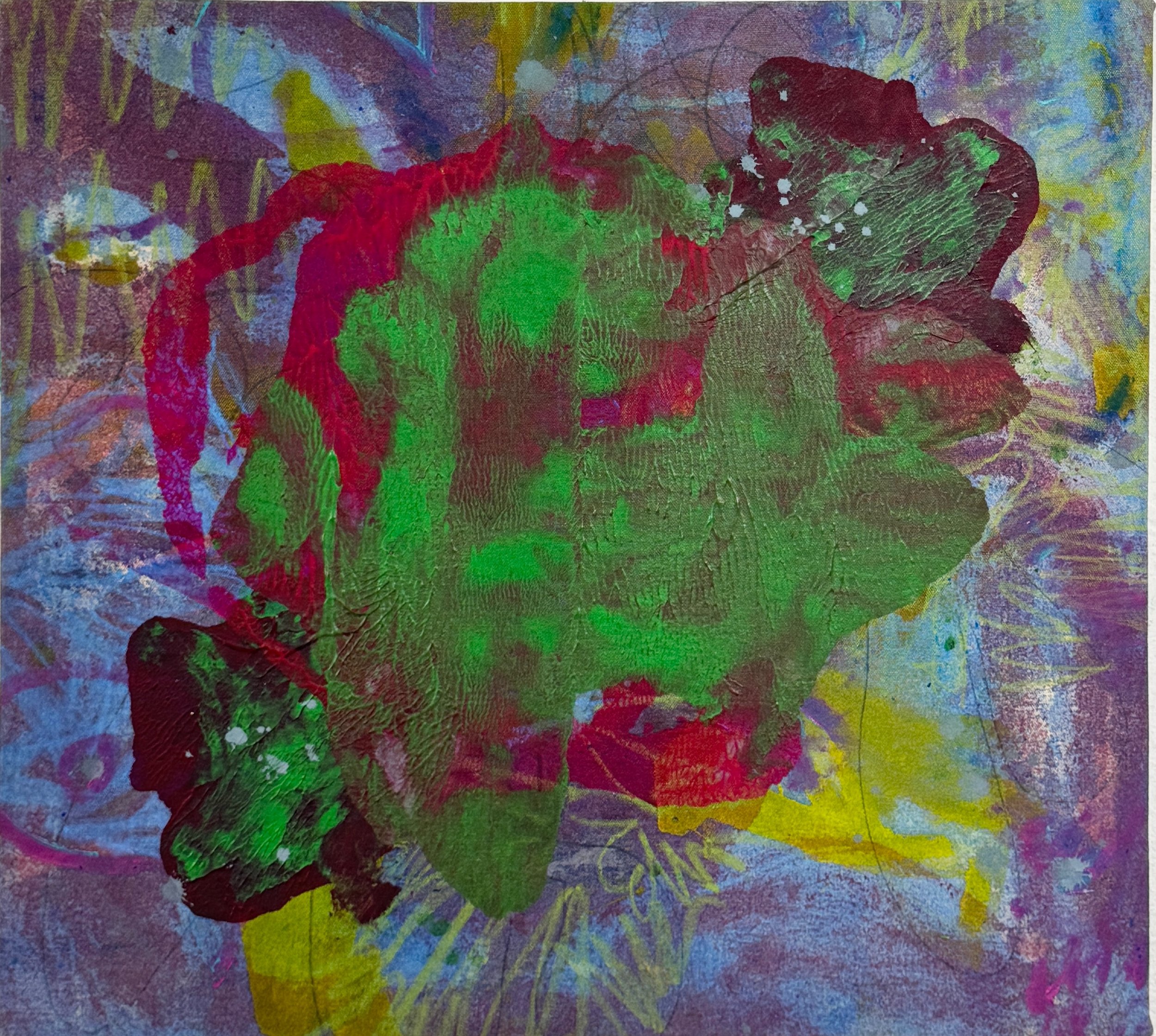  “Rainbow Blob Face Melt Death Mask Space Place.” 2026. Acrylic , paint pen, artist crayon and graphite on canvas. 22” x 20”