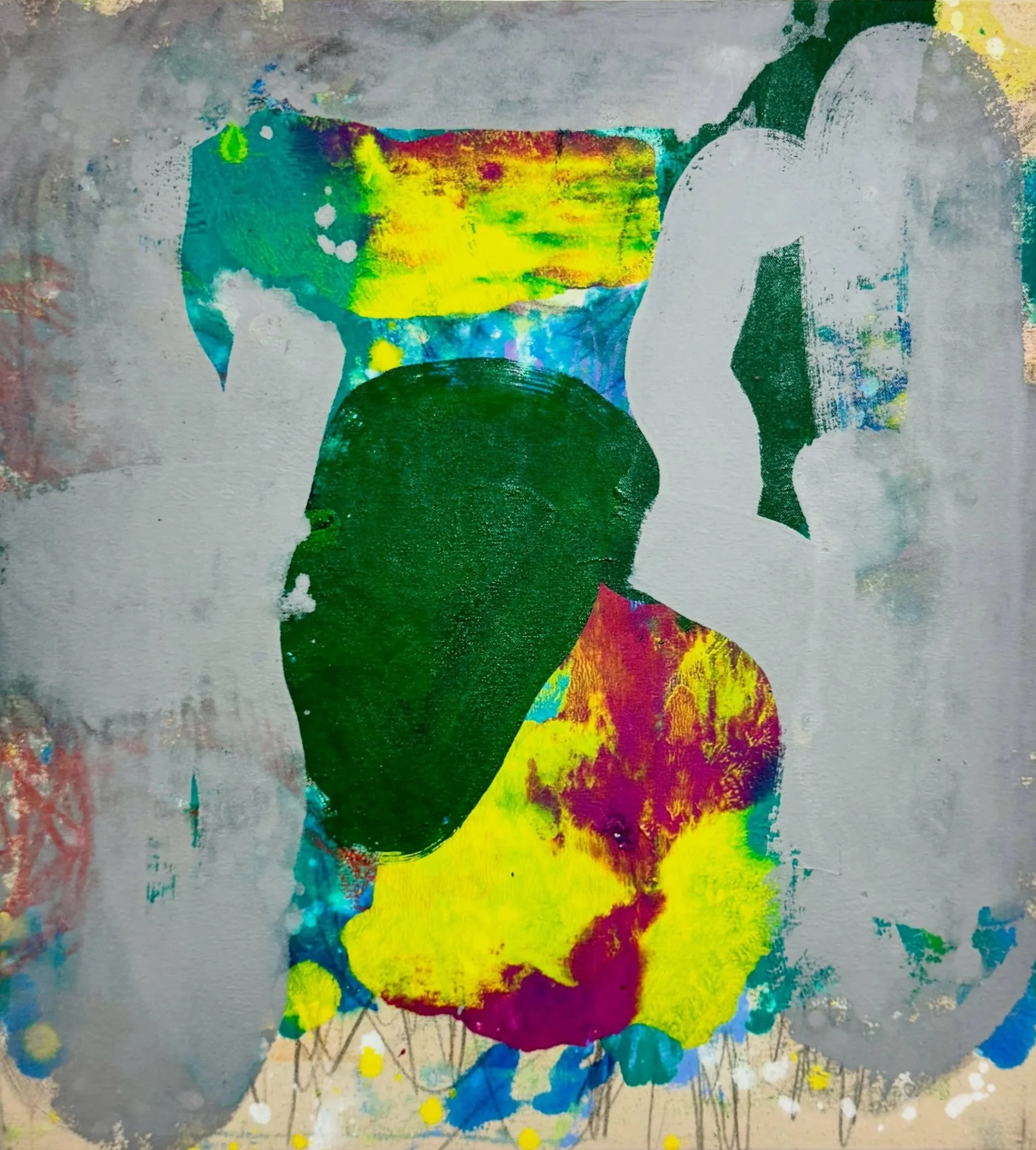 “Cloud Density Estimated.” 2025. Acrylic, paint pen, artist crayon and graphite on canvas. 19” x 22”