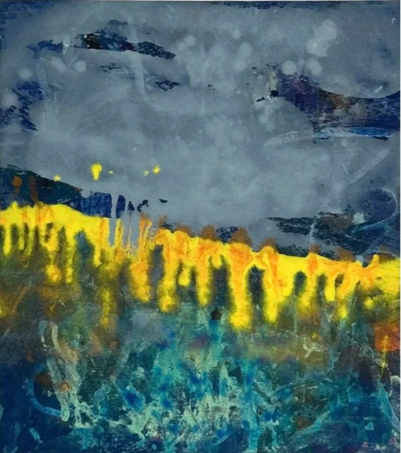 “Blue blue deep blue, dancing orange sun shine reflection yay candy”. 2026. Acrylic, paint pen, artist crayon and graphite on canvas. 22” x 20”