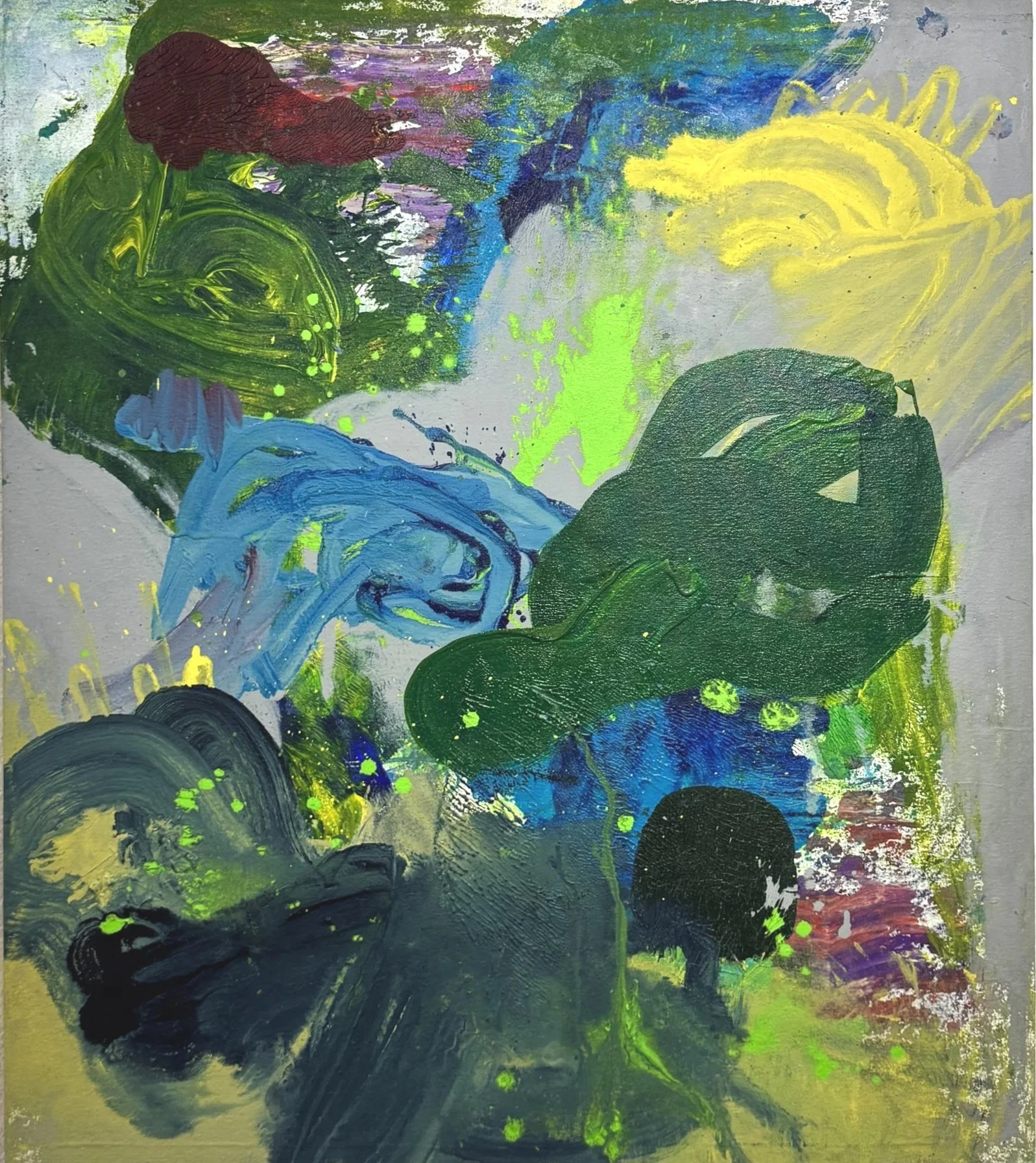 “Tide Change Observed.” 2026. Acrylic, paint pen, artist crayon and graphite on canvas. 34” x 30”