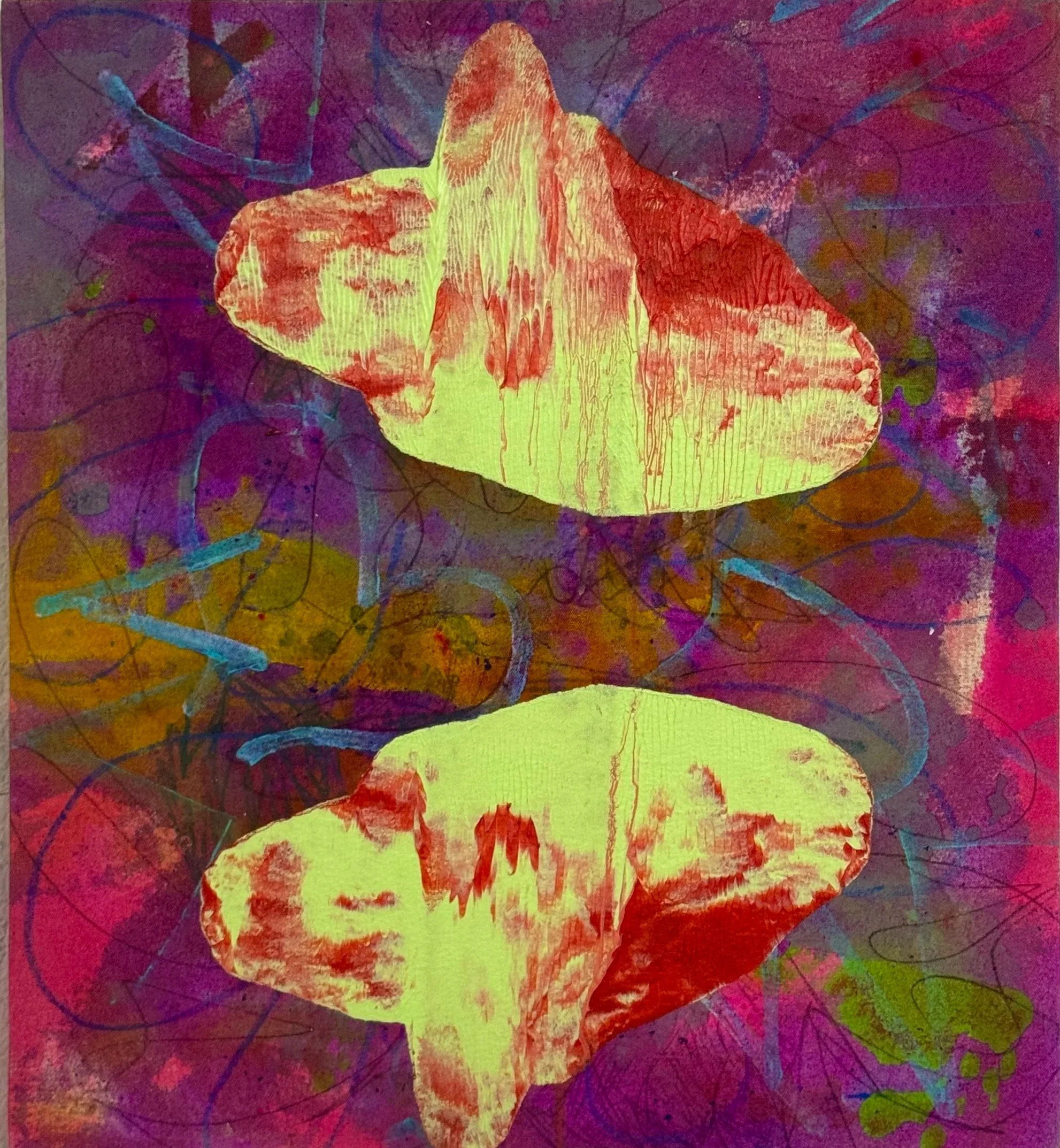  “Leaf Condition Recorded.” 2026. Acrylic, paint pen, artist crayon and graphite on canvas. 23” x 21”.