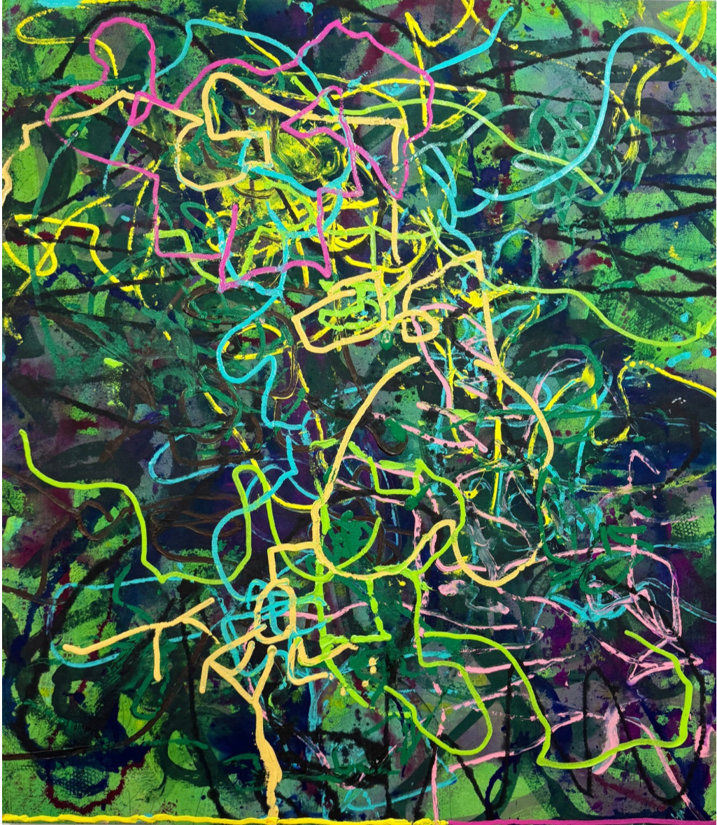 "Razzle Dazzle." 2026. Acrylic and graphite on canvas. 58" x 51"