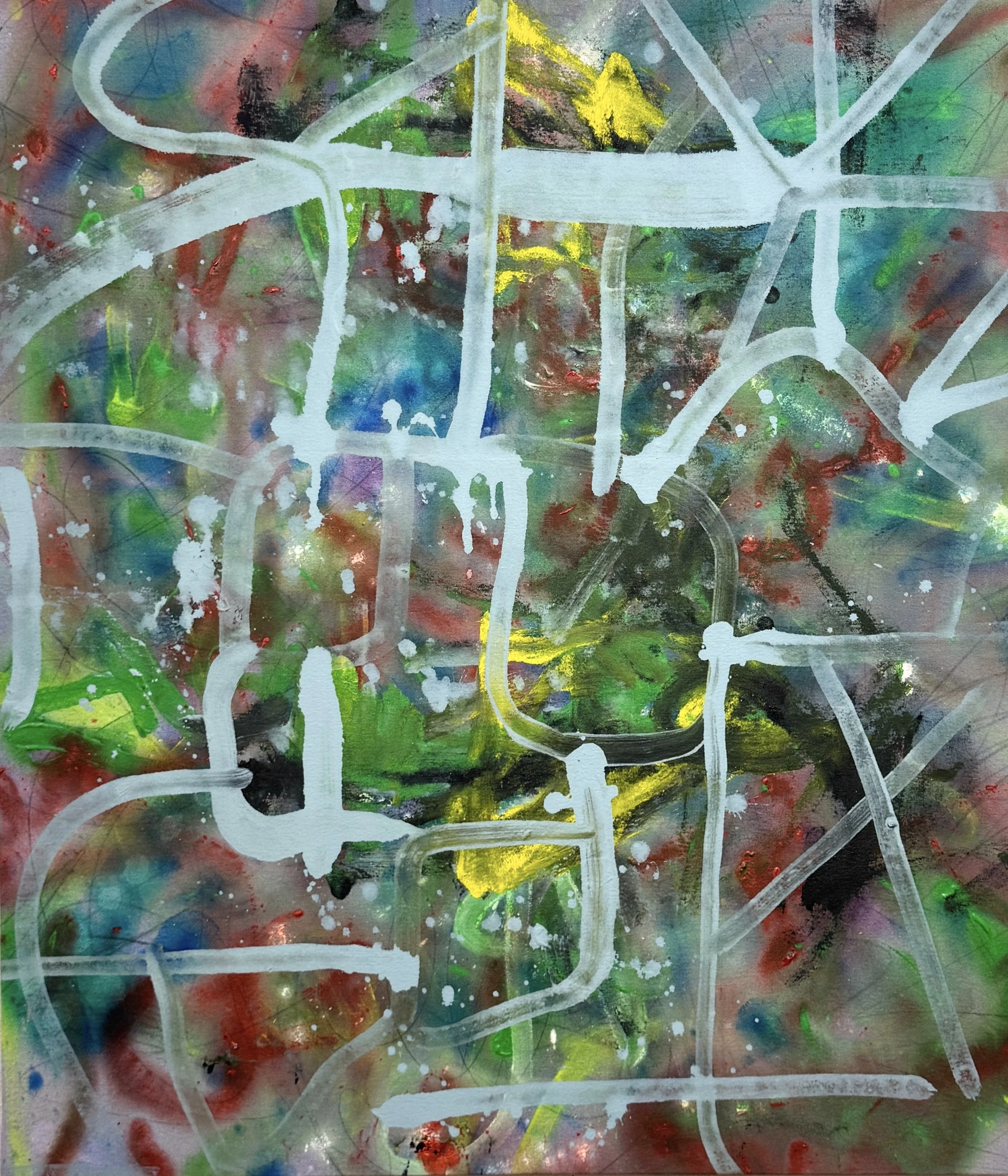 “Grid Drip Catch Slip.” 2026. Acrylic and graphite on canvas. 34” x 30”.