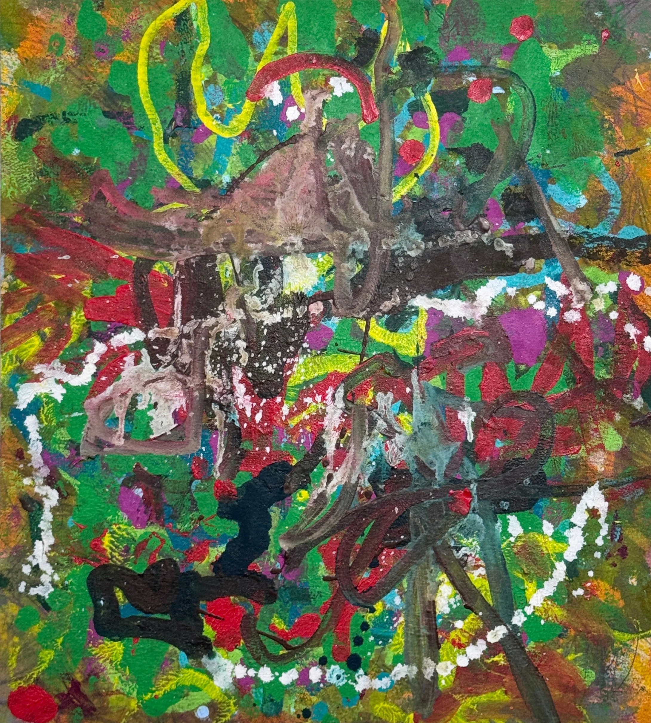 “Orchids on trees, blood on the leaves.” 2026. Acrylic and graphite on canvas. 23” x 21”.