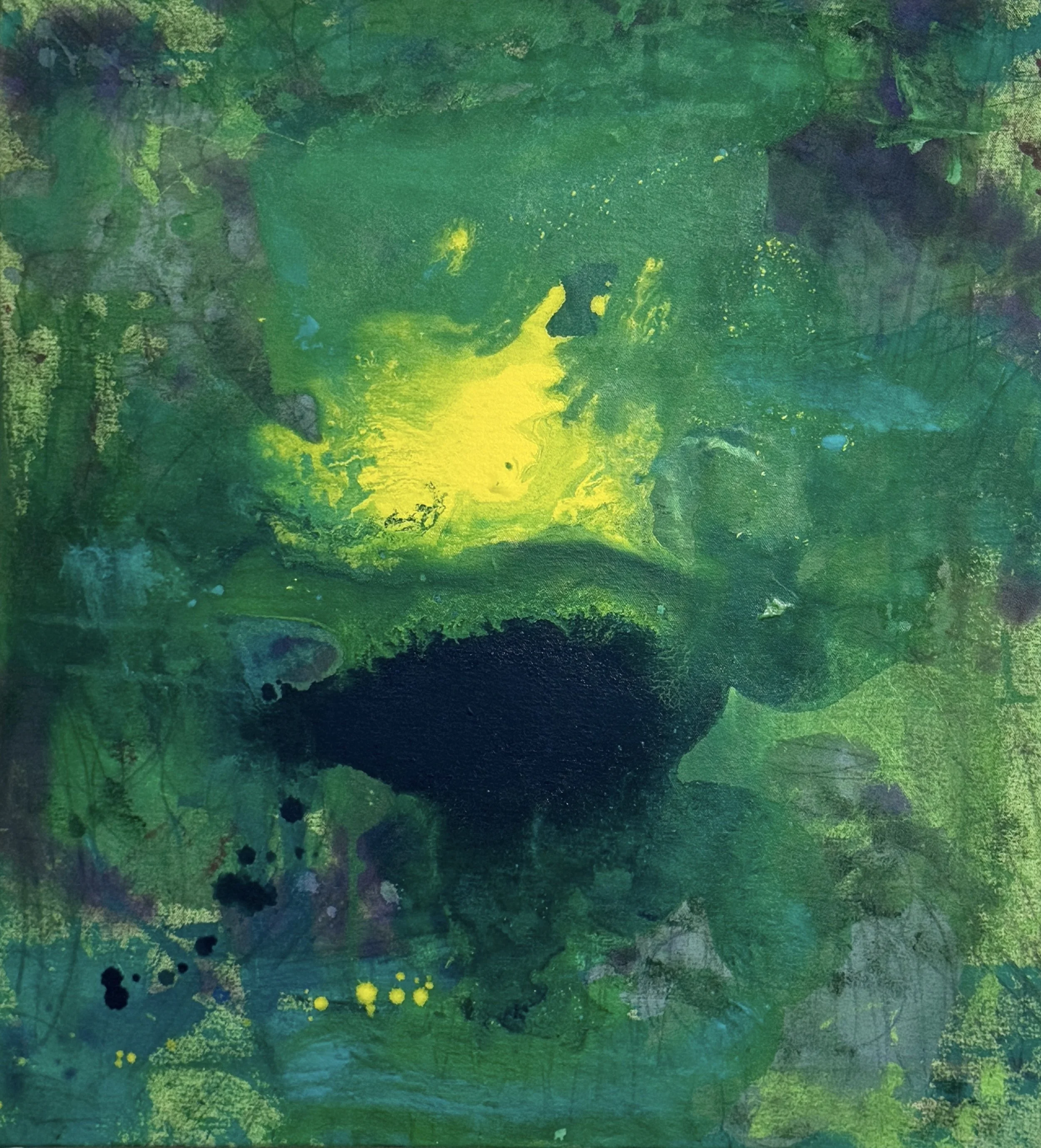 “I hear her voice and start to run Into the trees.” 2026. Acrylic and graphite on canvas. 23” x 20”