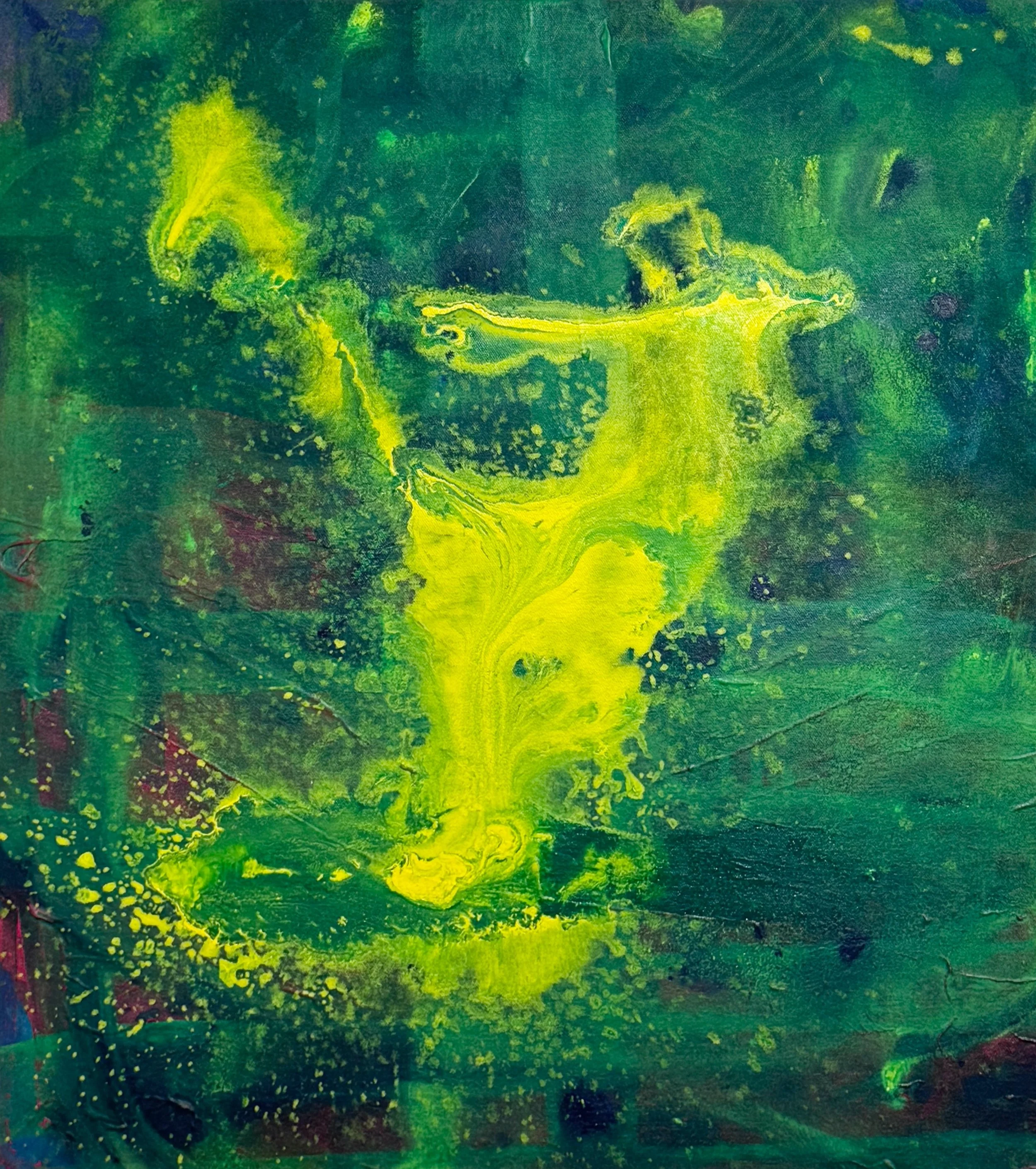  “Effervescent Sprite.” 2026. Acrylic, paint pen, artist crayon and graphite on canvas. 21” x 19”