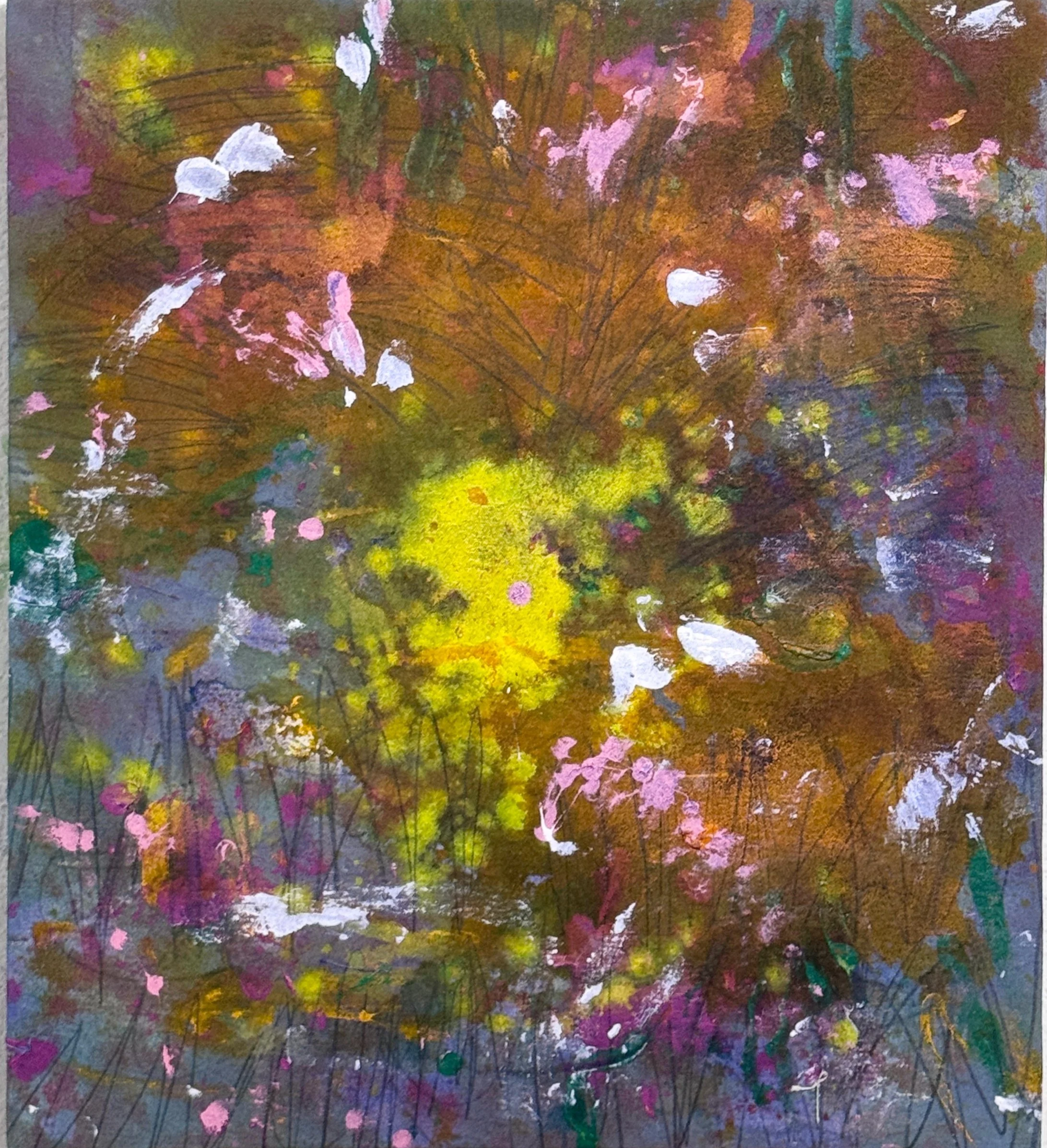 “Trip Trip Trip On The Cosmic Rip.” 2026. Acrylic, paint pen, artist crayon and graphite on canvas. 22” x 20”