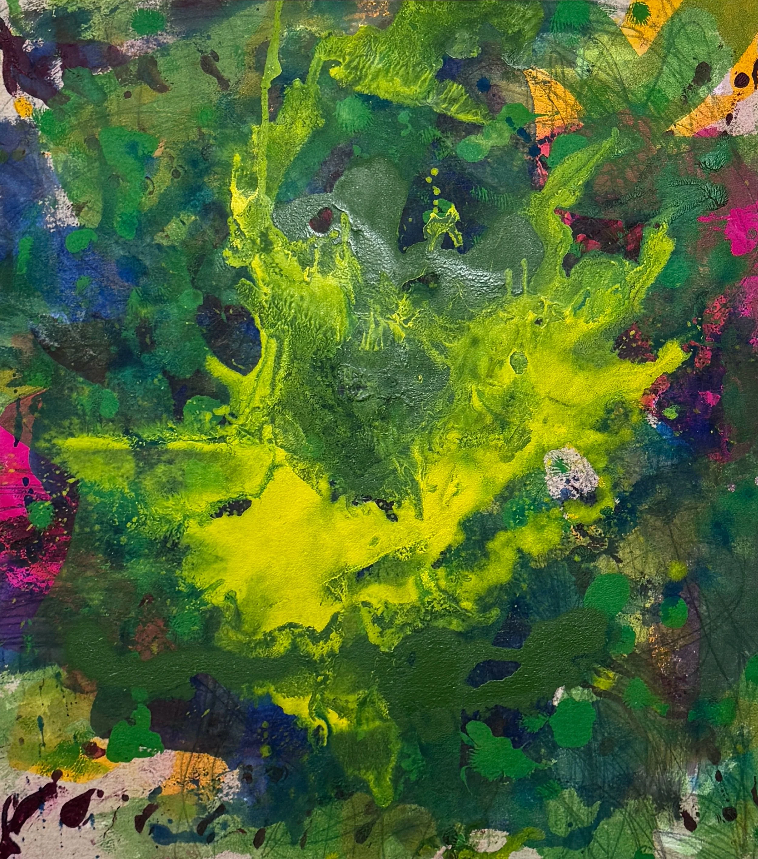  “Foliage Density Measured.” 2026. Acrylic, paint pen , artist crayon and graphite on canvas. 27” x 24”.