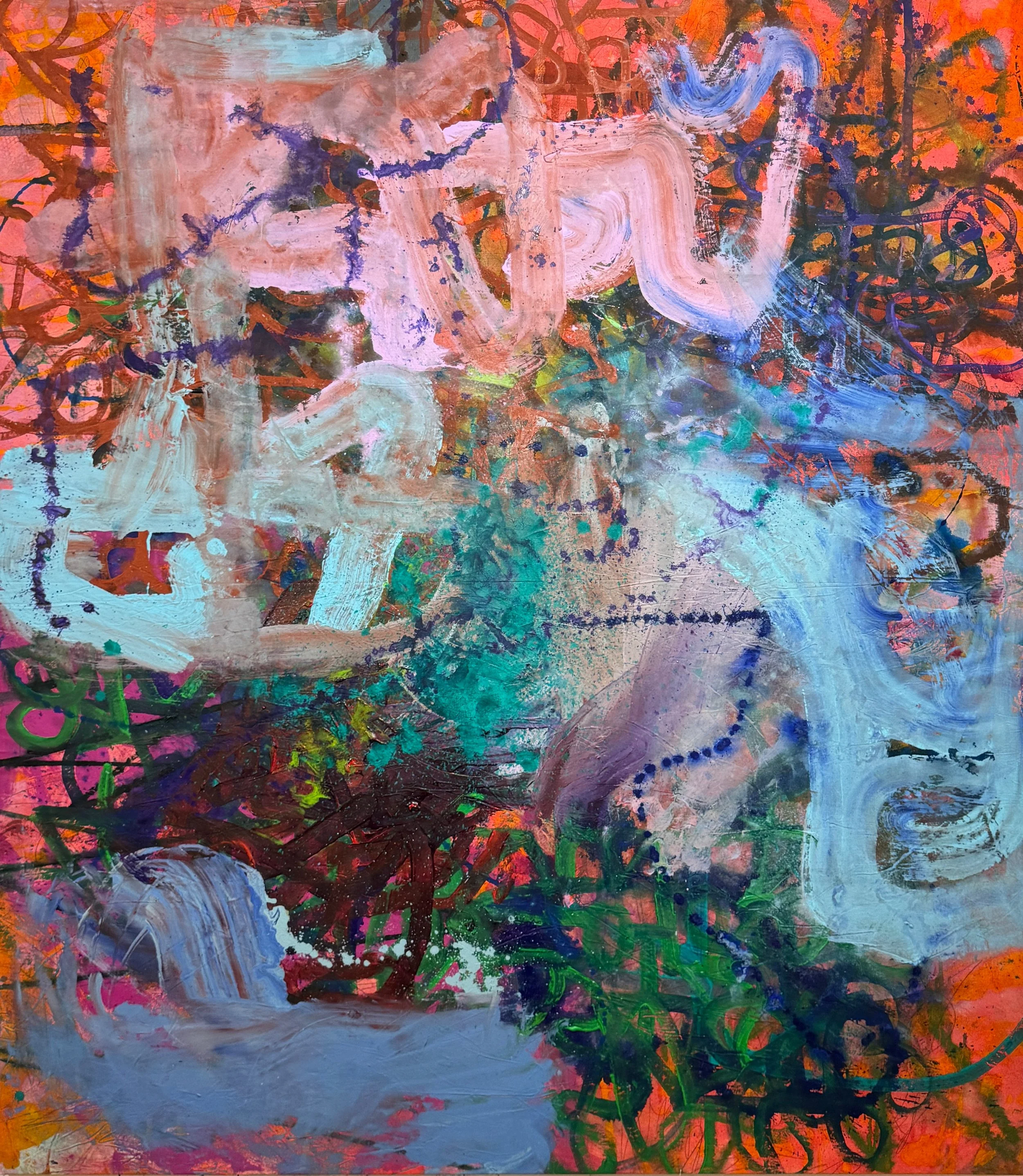 “Root Ball Mud Slide.” 2026. Acrylic and graphite on canvas. 75” x 66”.