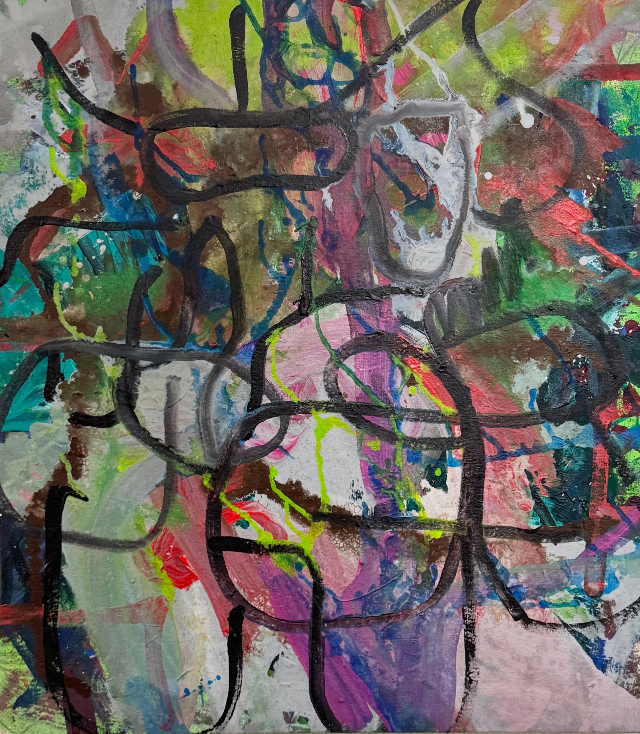 “Electric Bloom.” 2026. Acrylic and graphite on canvas. 27” x 24”.