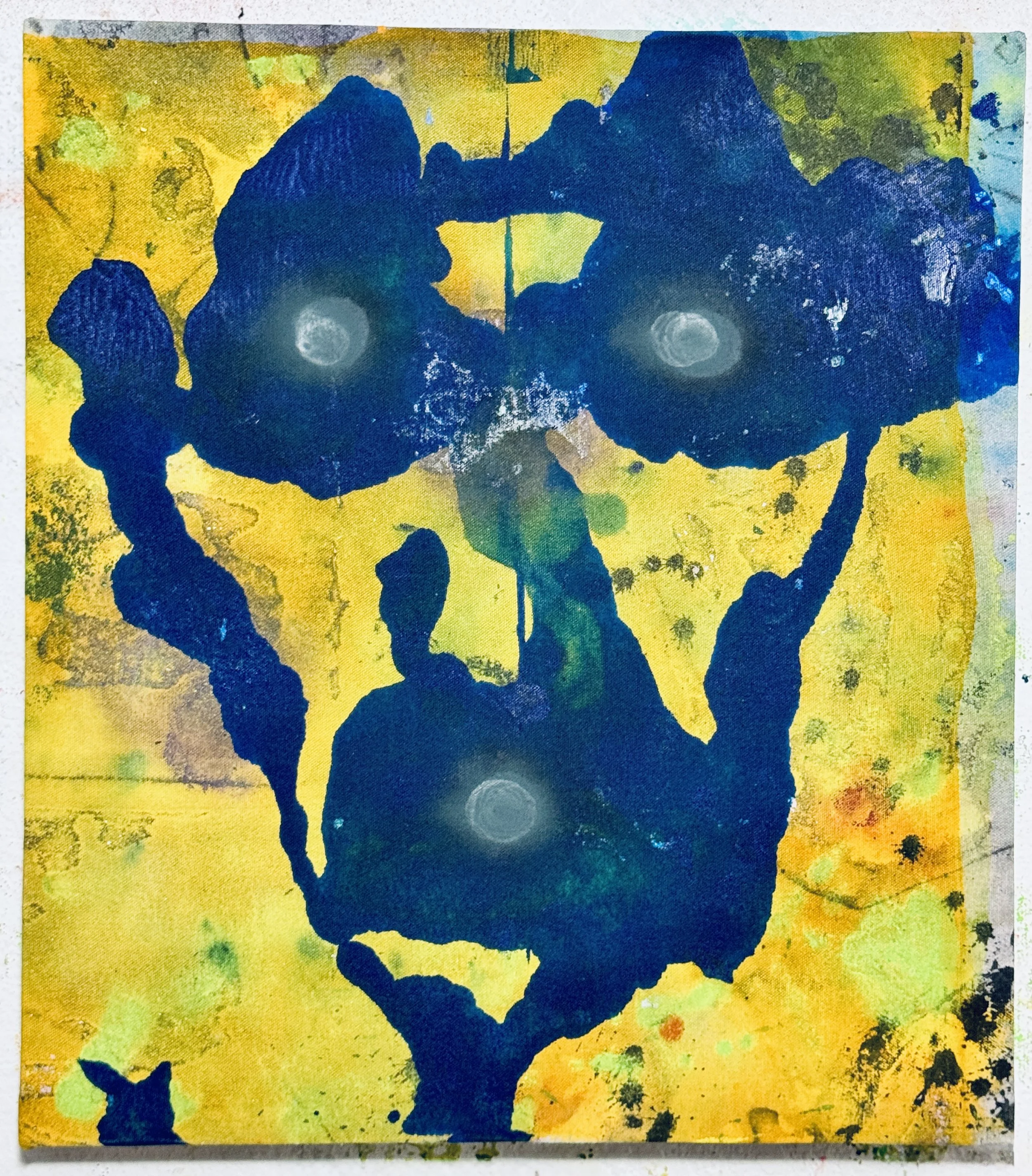 "Death Mask." 2025. Acrylic and spray paint on canvas. 19"X17". 