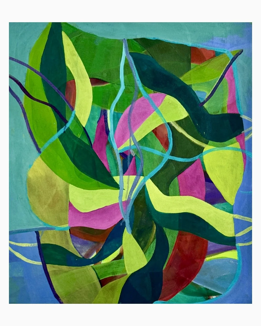 "Ti Leaf Reading". 2026. Acrylic on canvas. 27" × 24".