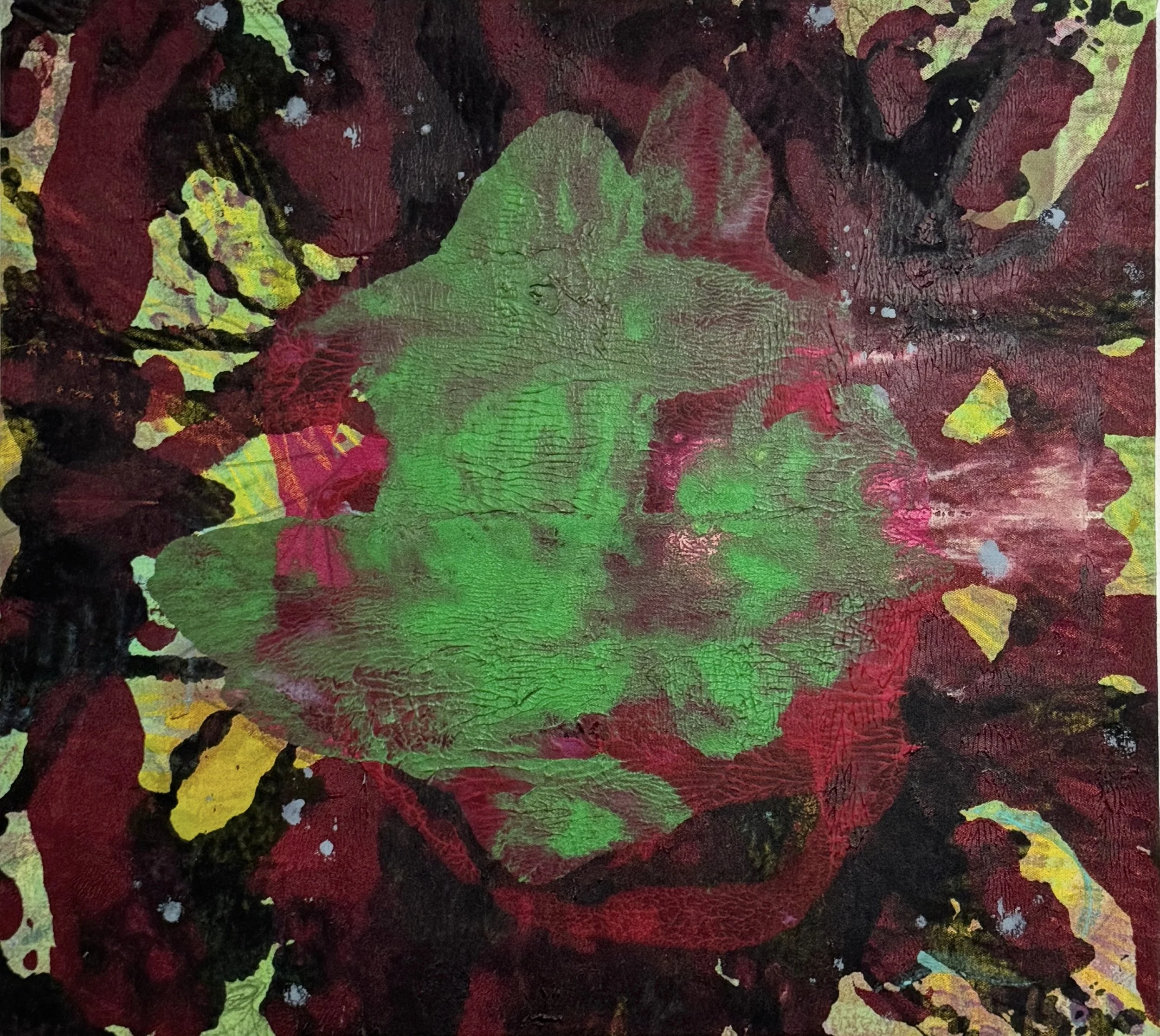  “Dark Me Dark Matter How Bush Dark Blather.” 2026. Acrylic, paint pen, artist crayon and graphite on canvas. 21” x 19”