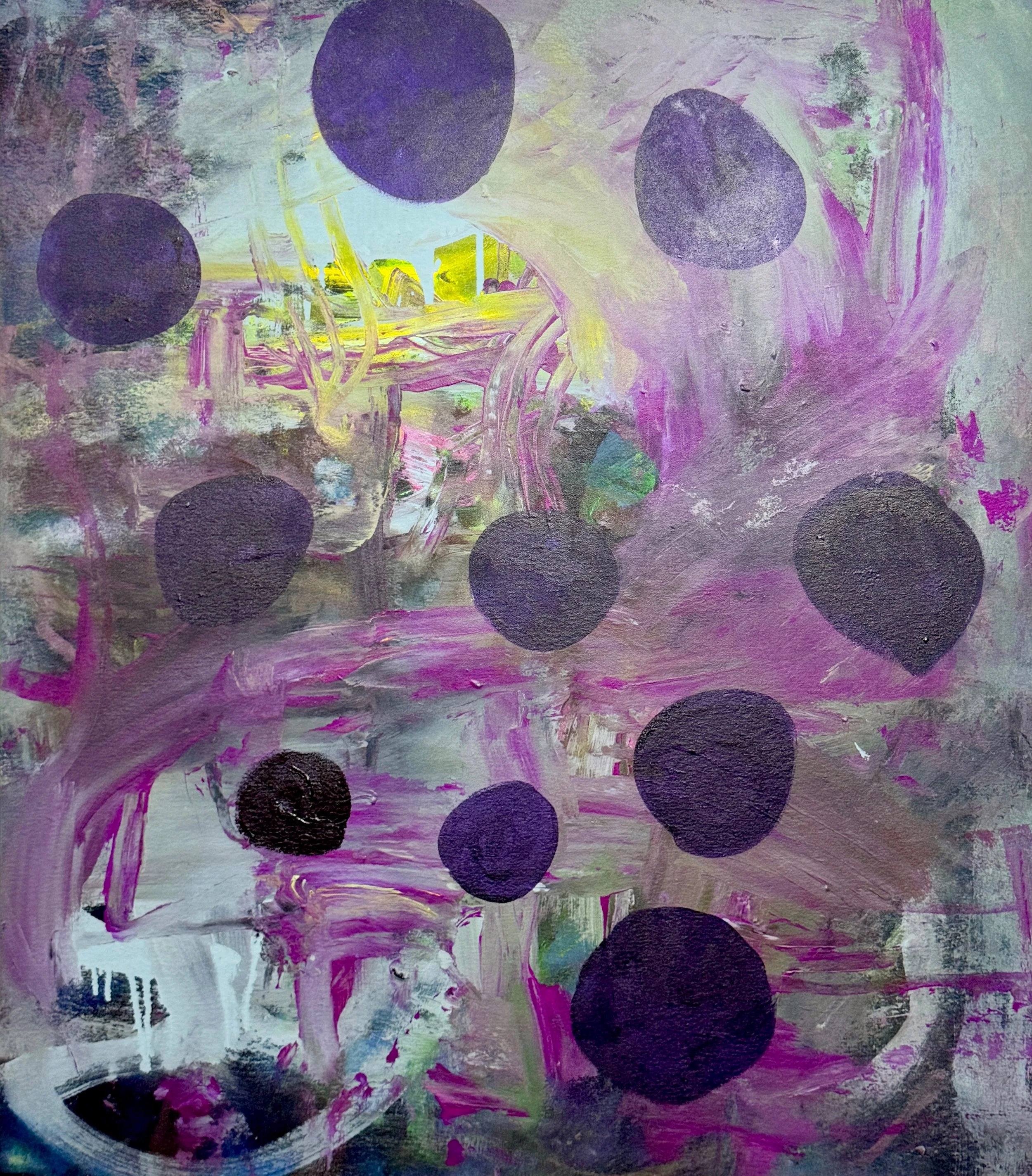 “10 Purple Apparitions Staring Back At Me.” 2026. Acrylic and graphite on canvas. 34” x 30”.