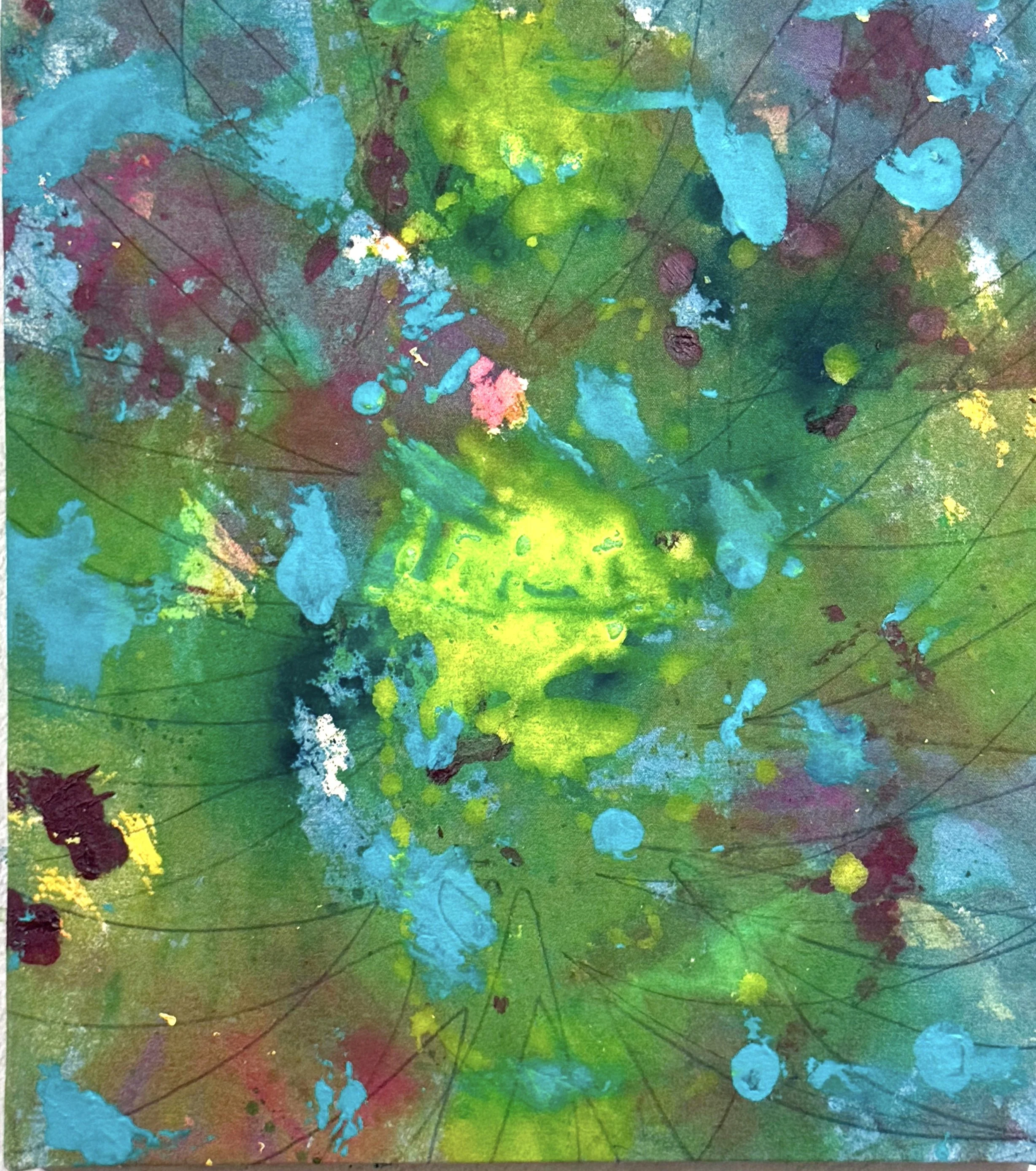  “Little Big Bang.” 2026. Acrylic, paint pen, artist crayon and graphite on canvas. 21” x 19”.