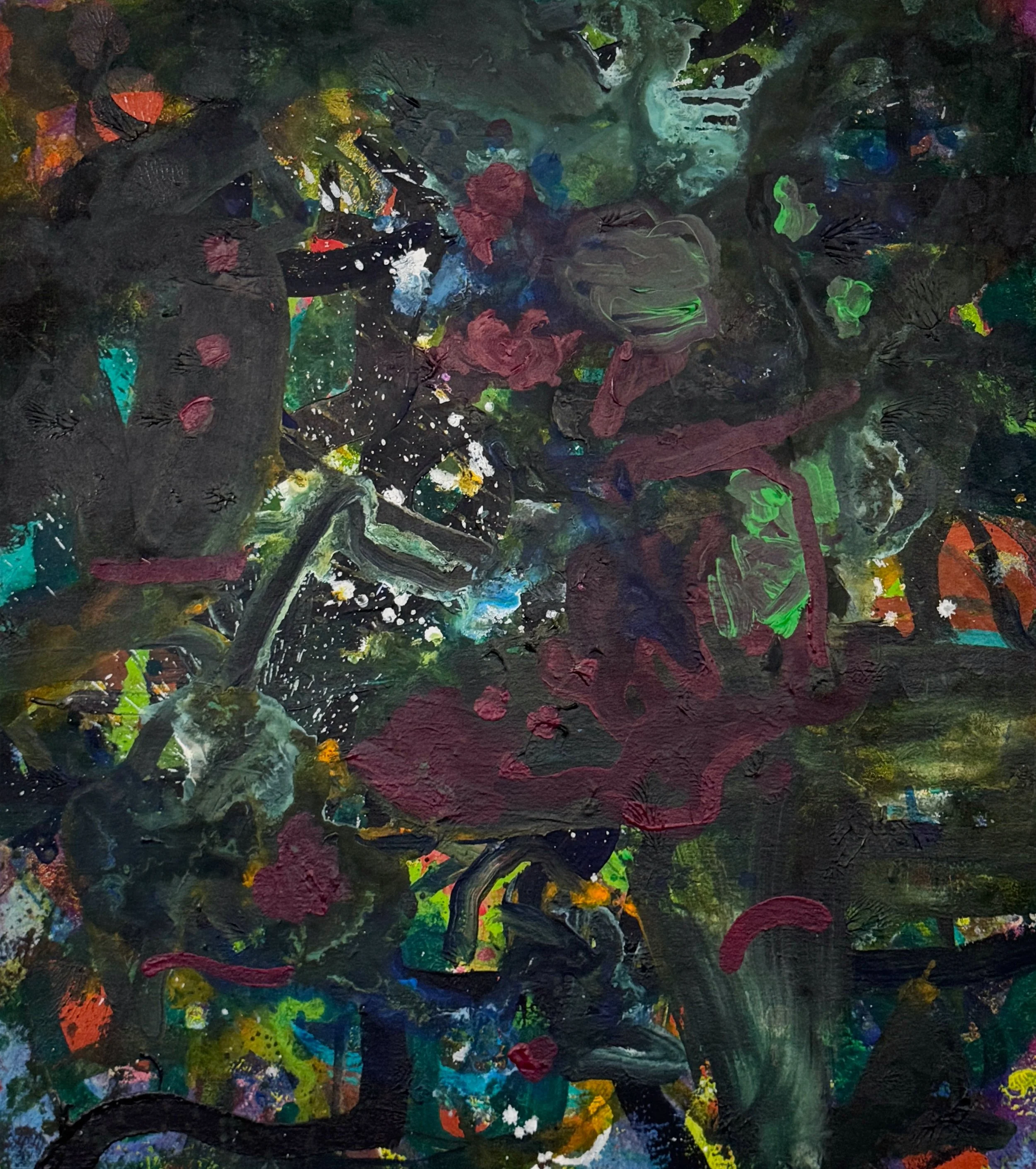 “The silence of a falling star, Lights up a purple sky.” Acrylic and graphite on canvas. 27” x 24”.