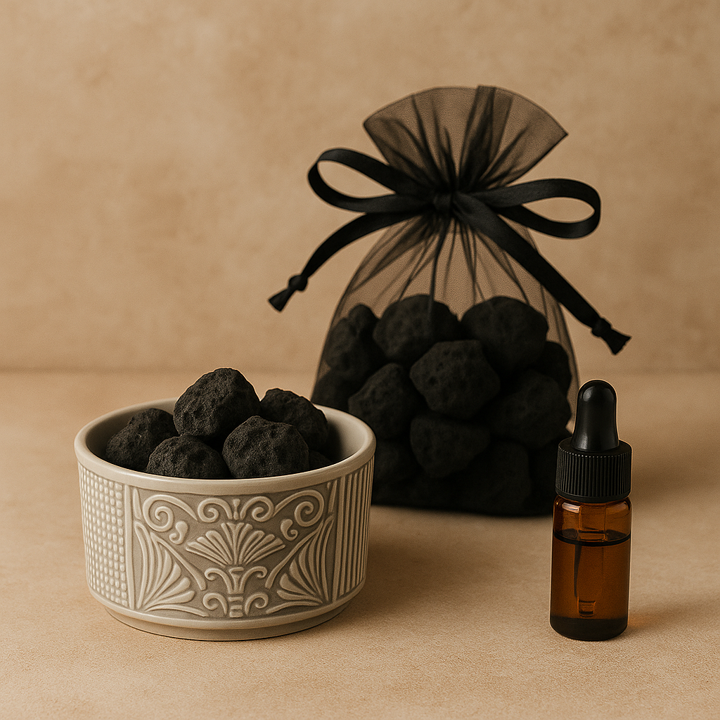 A small white ceramic bowl filled with black volcanic stones, a brown glass dropper bottle with a black cap, and a black organza gift bag tied with a black ribbon containing more volcanic stones, set on a beige surface against a beige background.