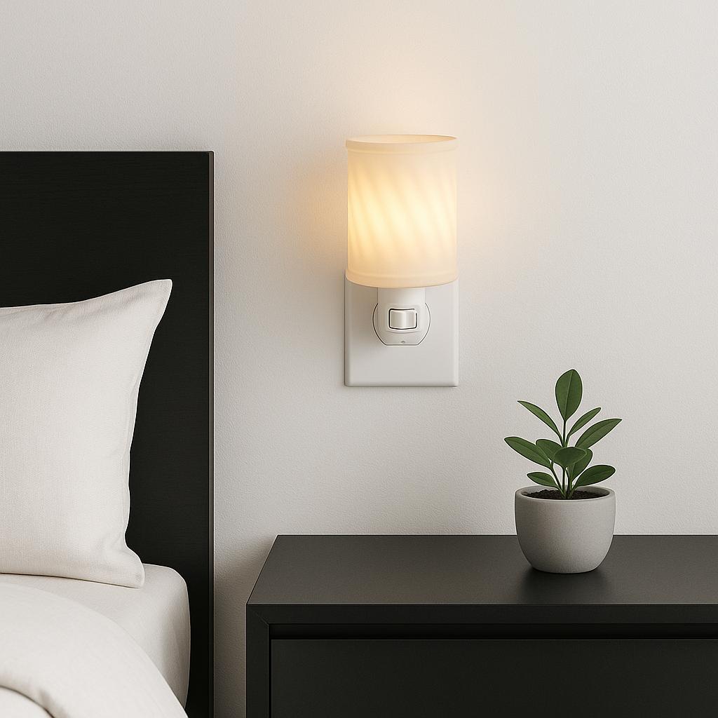 A bedroom corner with a black headboard, white pillow, beige wall-mounted lamp, and a black nightstand with a potted green plant.