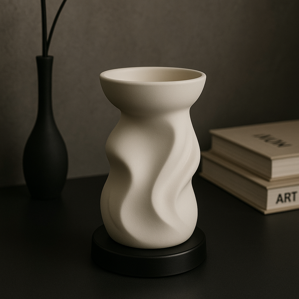 A beige, abstract, wavy-shaped ceramic vase on a round black base, placed on a black surface with a dark background, accompanied by a black vase with thin branches and a stack of art books.