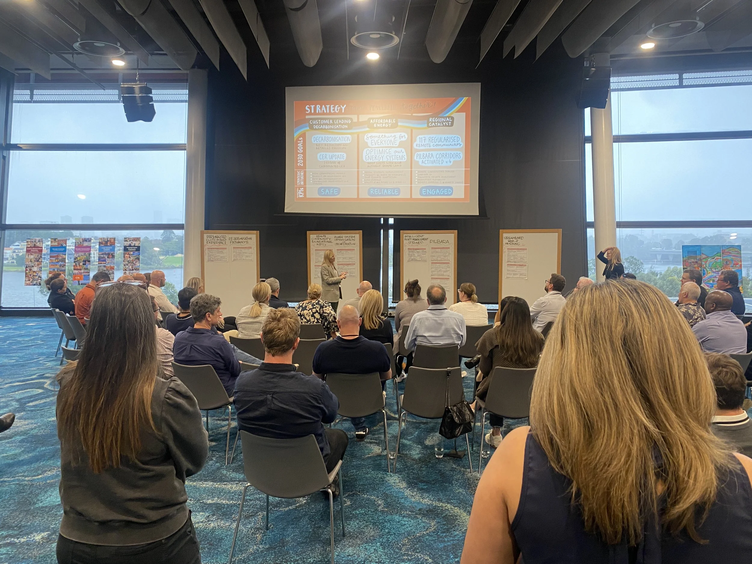 Graphic recording of collaboration workshop by Melbourne graphic recorder Kate Baxter, captured digitally on iPad projected over audience