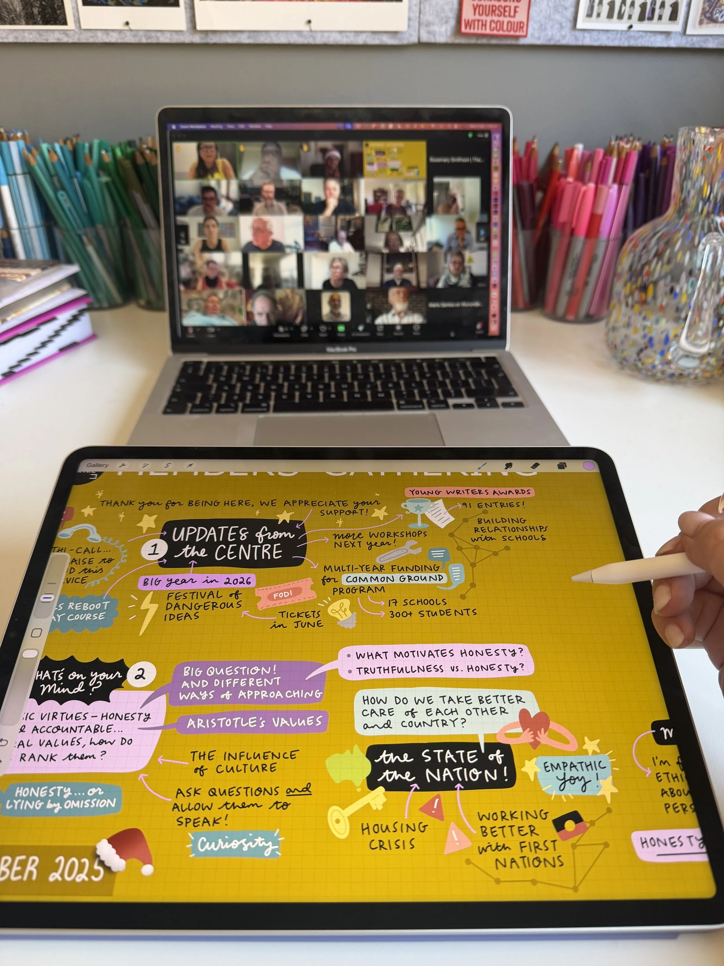 Graphic recording of open conversation by Melbourne graphic recorder Kate Baxter, captured digitally on iPad, tech set-up shown with laptop