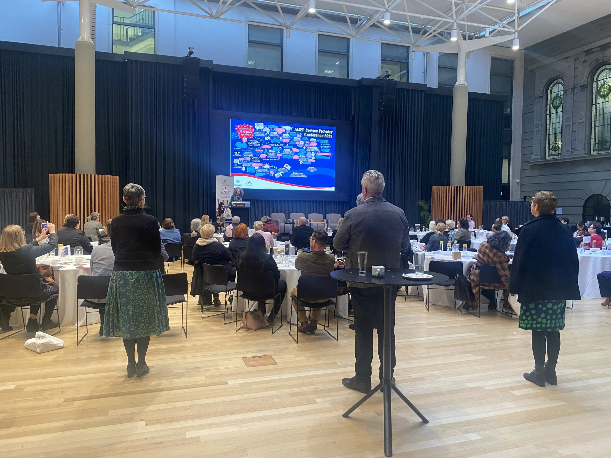 Graphic recording of community workshop by Melbourne graphic recorder Kate Baxter, captured digitally on iPad and projected behnd stage