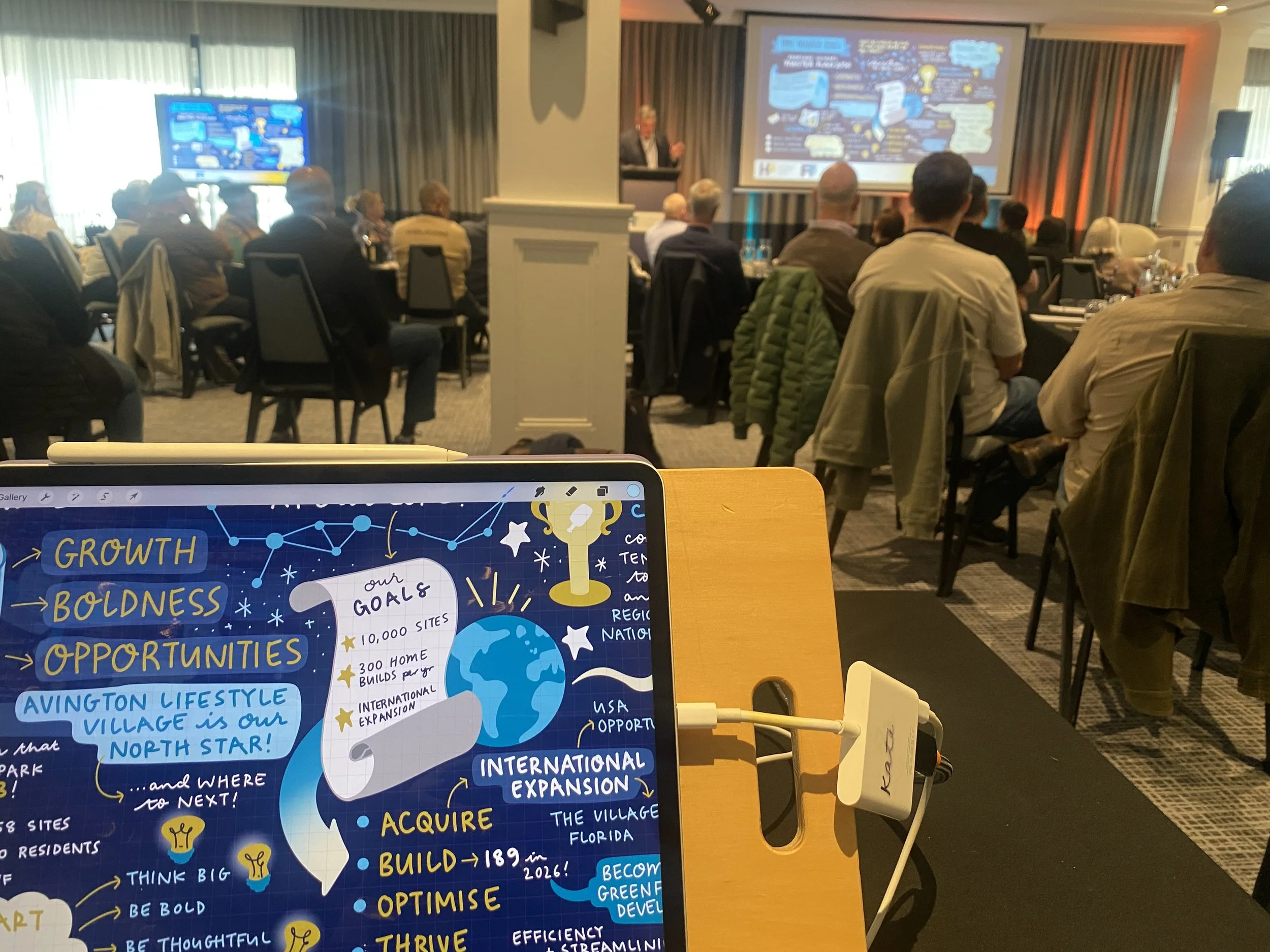 Graphic recording of leadership conference by Melbourne graphic recorder Kate Baxter, captured digitally on iPad showing set-up with screen, ipad, and stage in background