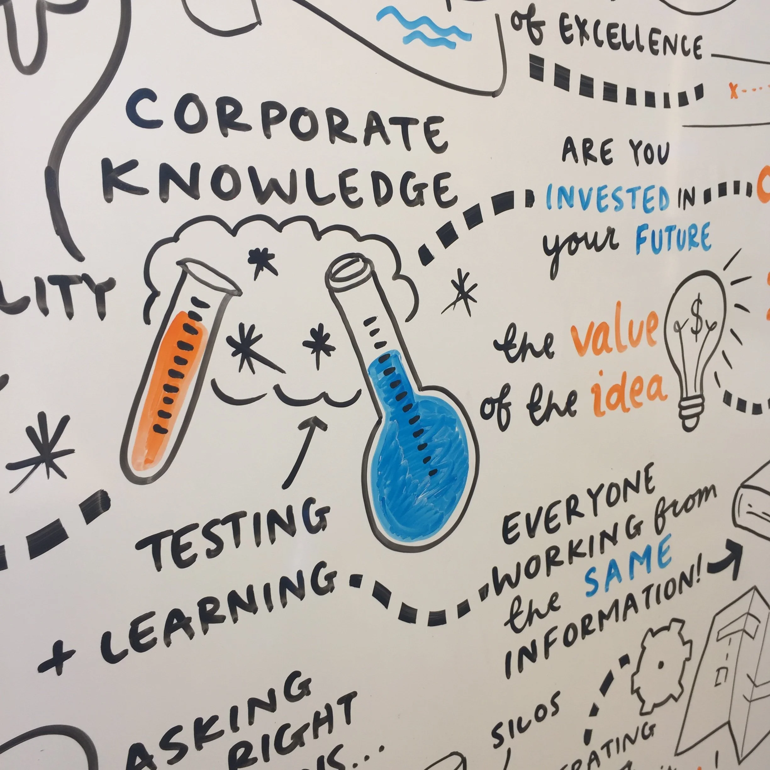 Detail of graphic recording of  by Melbourne graphic recorder Kate Baxter, captured on whiteboard