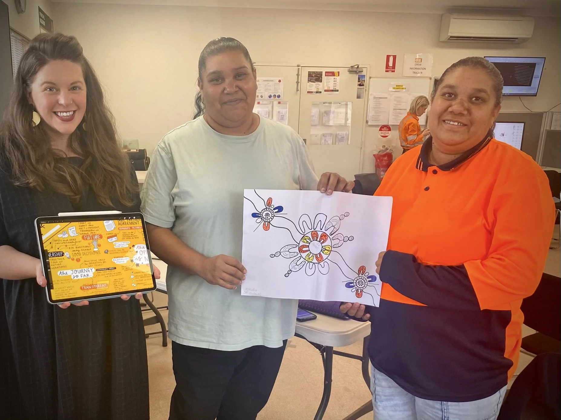 Graphic recording of presentations by Melbourne graphic recorder Kate Baxter, captured digitally on ipad in collabortion with local Aboriginal artists