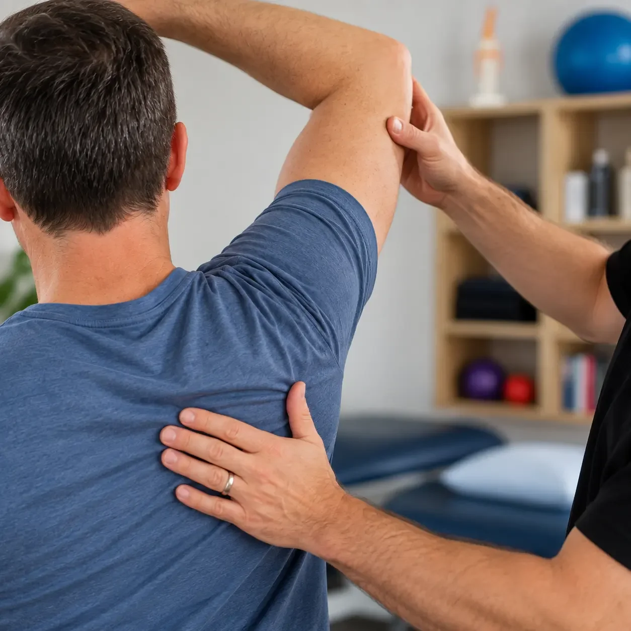 Physiotherapist assessing a patient's shoulder movement at The Balance Lab in Mornington.