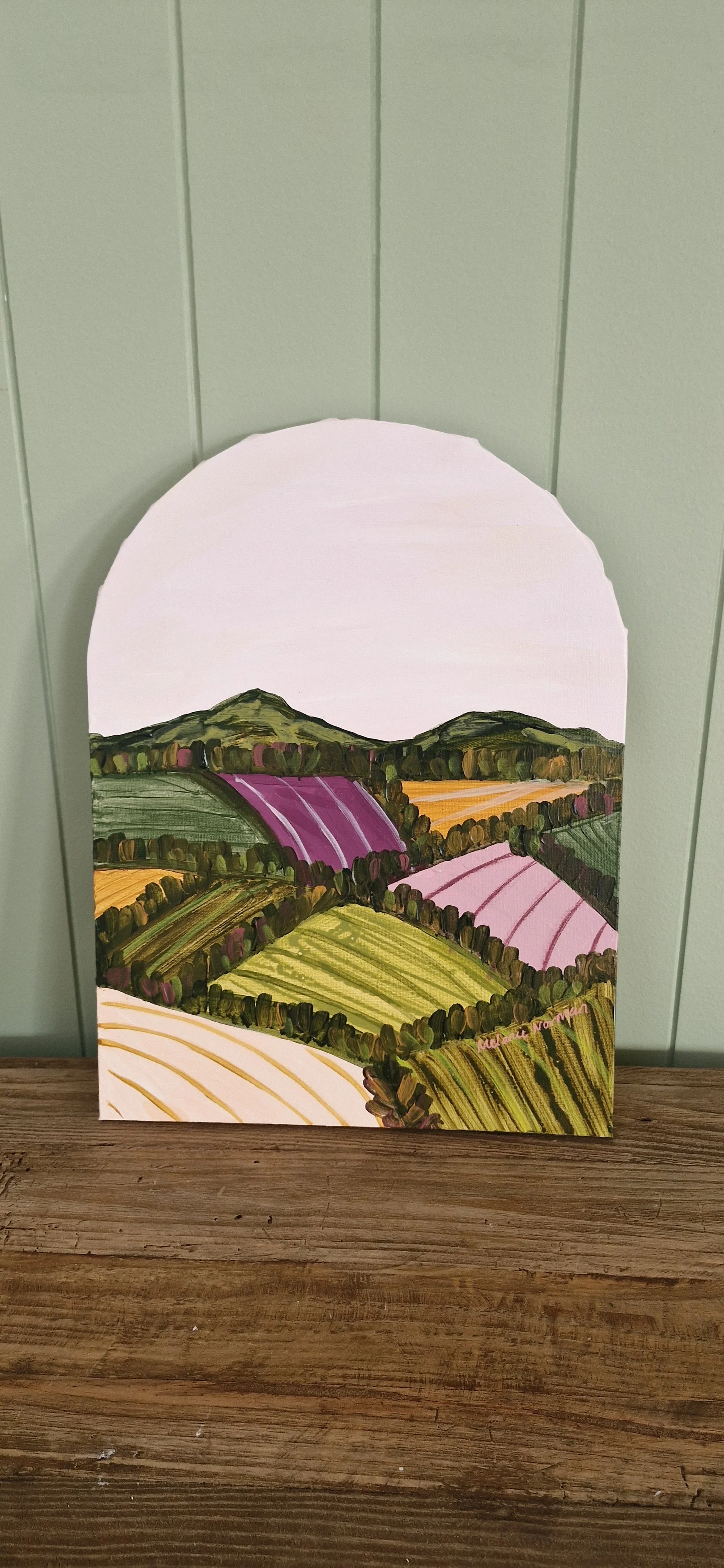 Patchwork Valley Arch - Pink Background Green Mountains