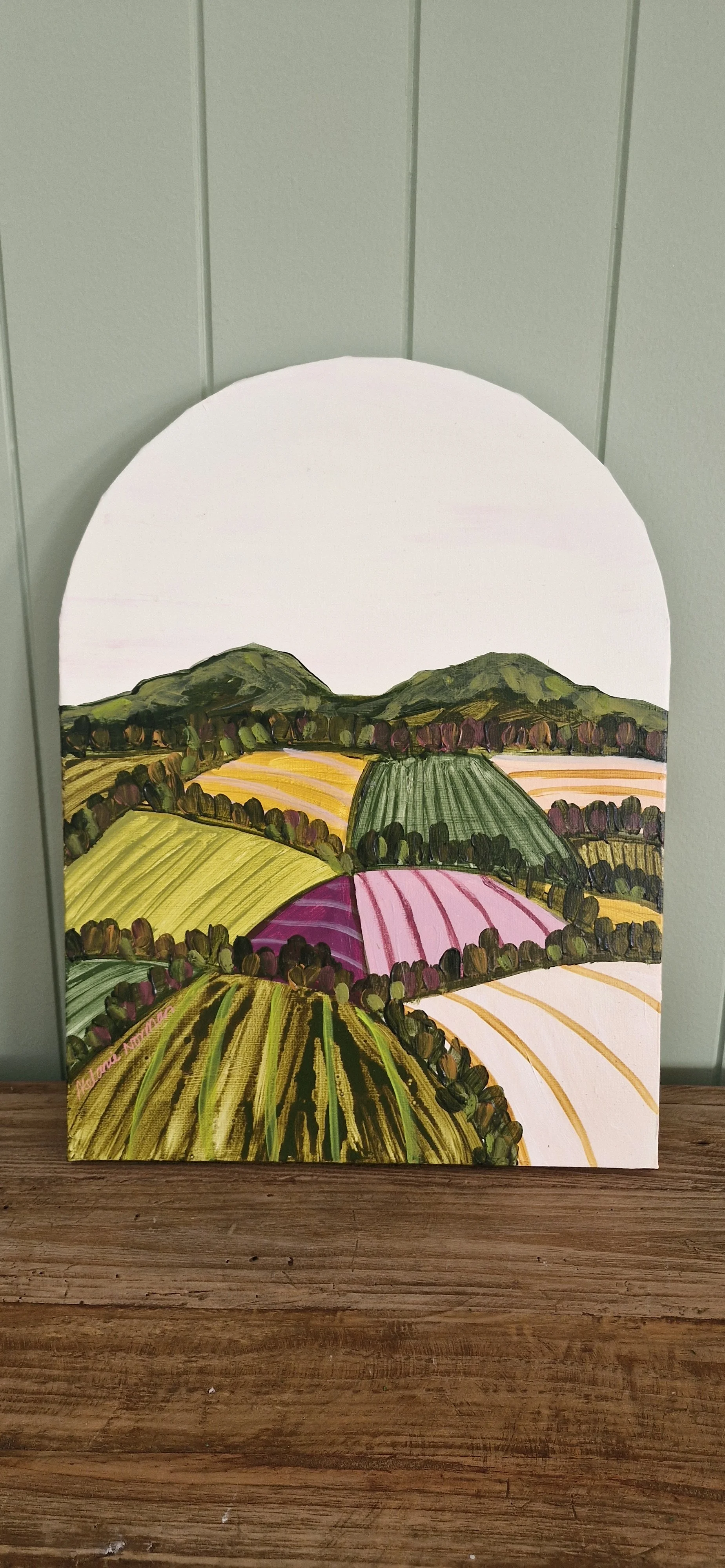 Patchwork Valley Arch - Lemon Background Green Mountains