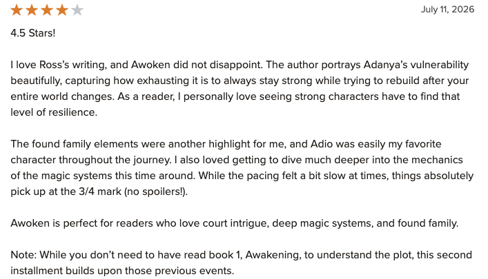 Close-up of a book review with stars and a paragraph of text